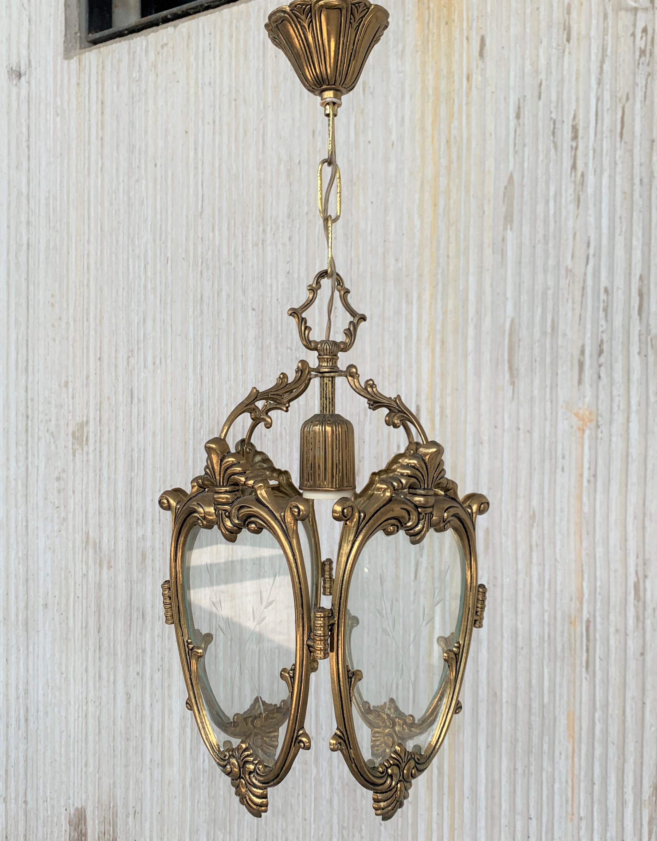 20th Century Set of Pair French Bronze and Glass Sconces with Ceiling Lamp For Sale 12