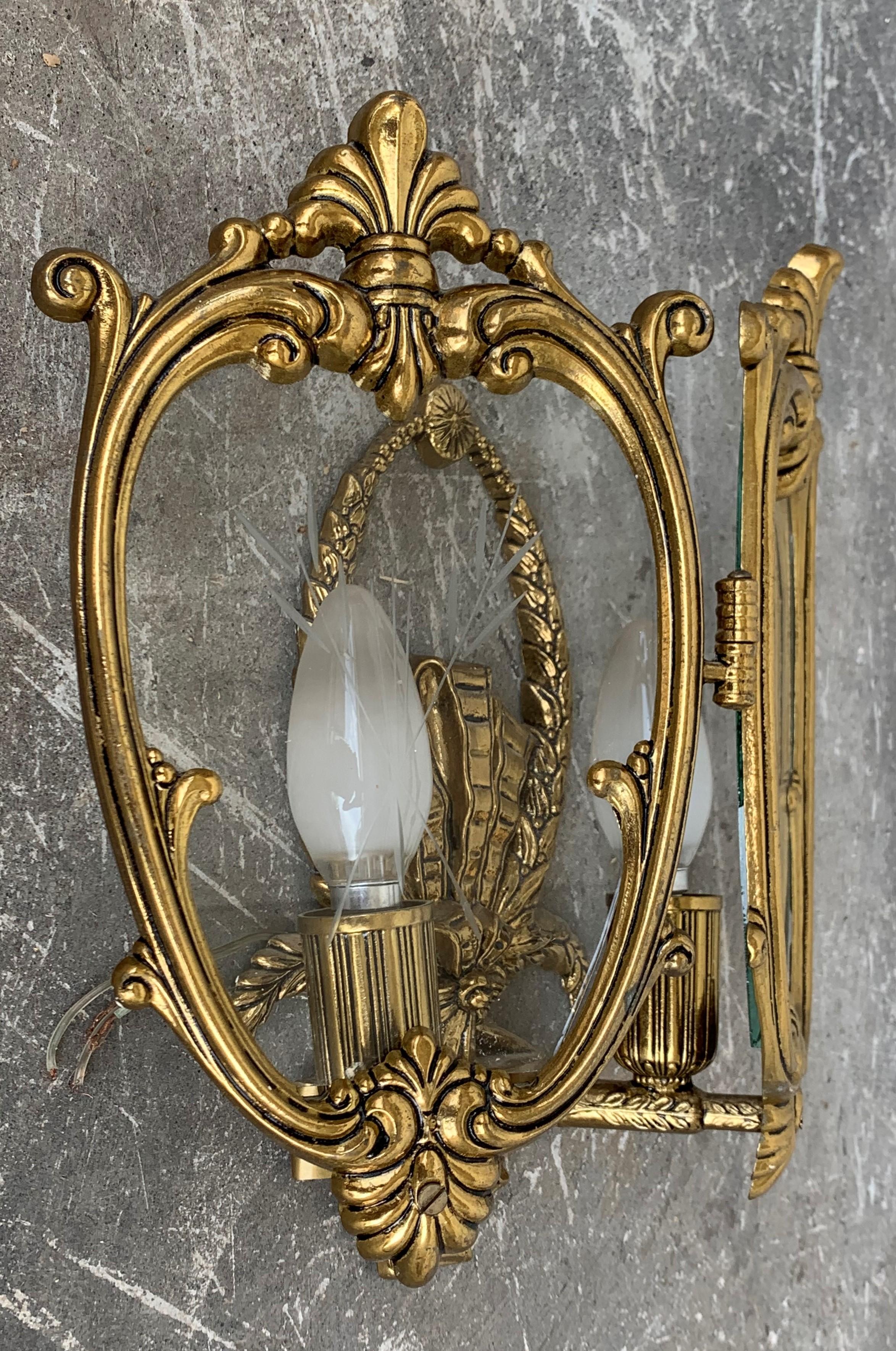 Louis XV 20th Century Set of Pair French Bronze and Glass Sconces with Ceiling Lamp For Sale
