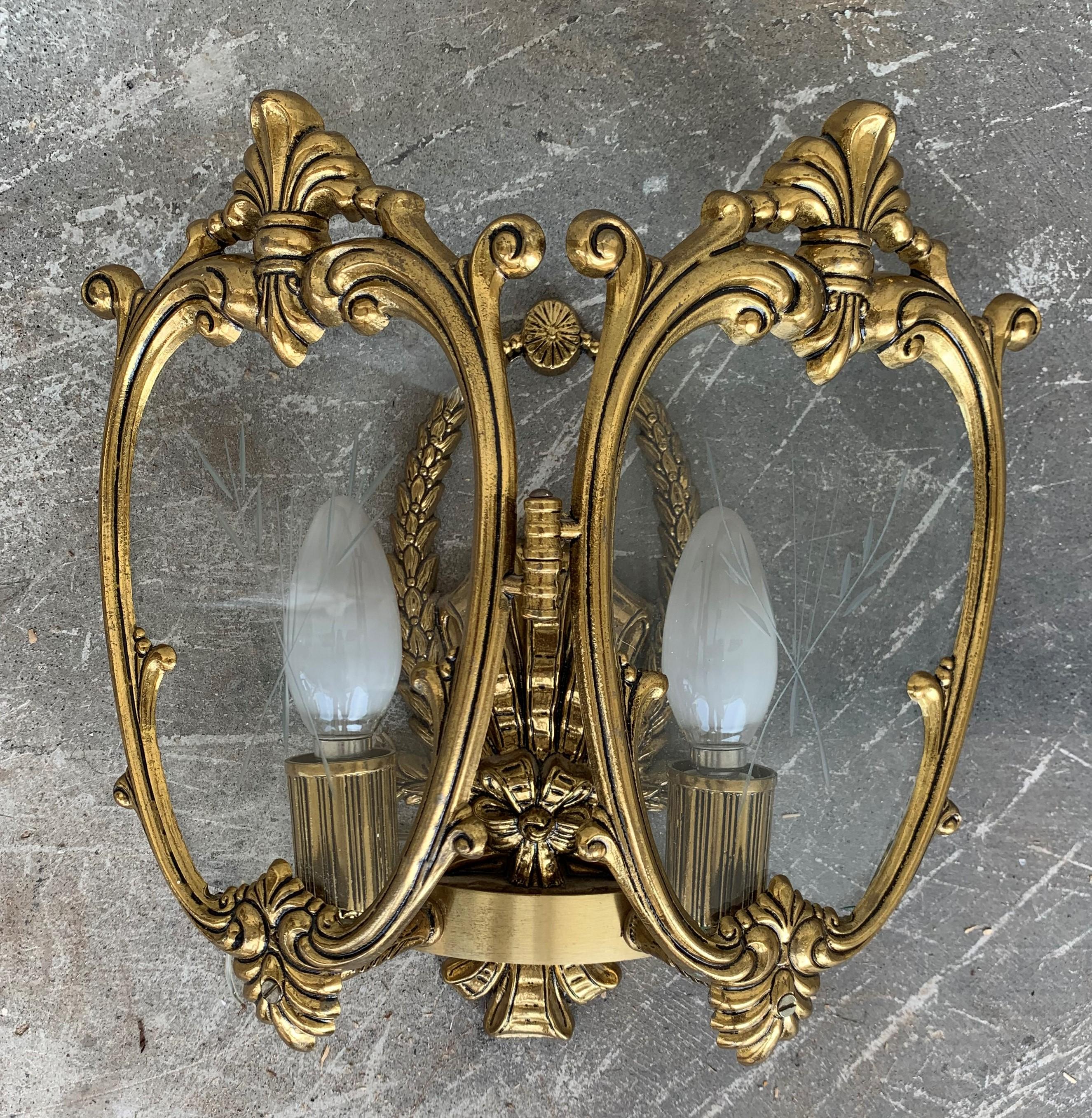20th Century Set of Pair French Bronze and Glass Sconces with Ceiling Lamp For Sale 2