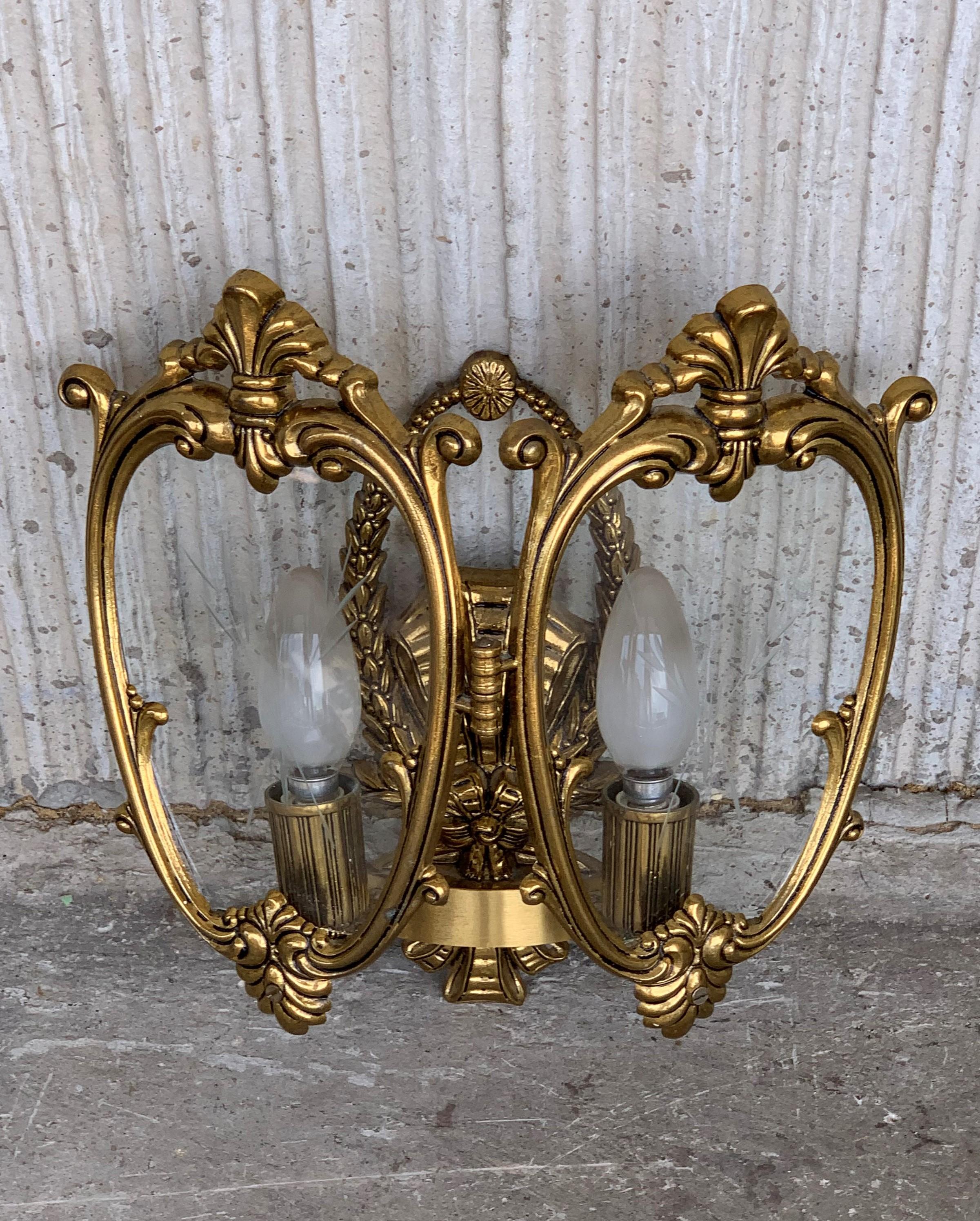 20th Set of Pair French Bronze and Glass Sconces with Ceiling Lamp In Good Condition In Miami, FL