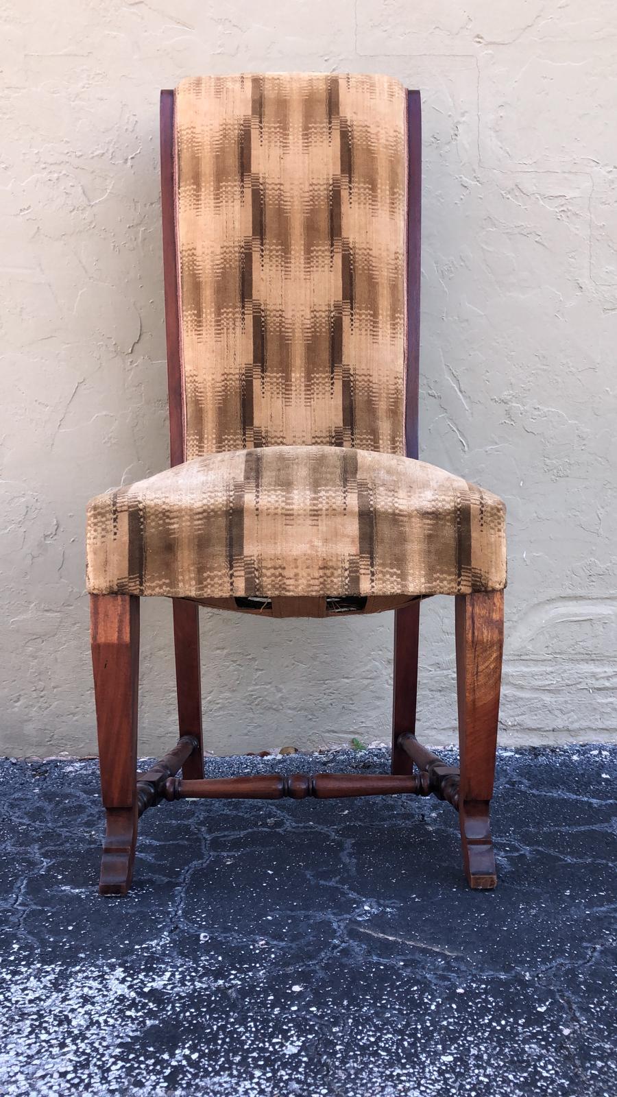 Set of fine original French modernist dining chairs. Tall backs with elegant cabriole front legs and tapered splay back legs. All six chair frames have been completely restored, reglued and French polish refinished in a dark walnut color. They are