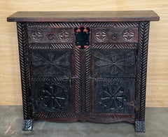 20th Spanish Baroque Carved Walnut Tuscan Two Drawers Credenza or Buffet