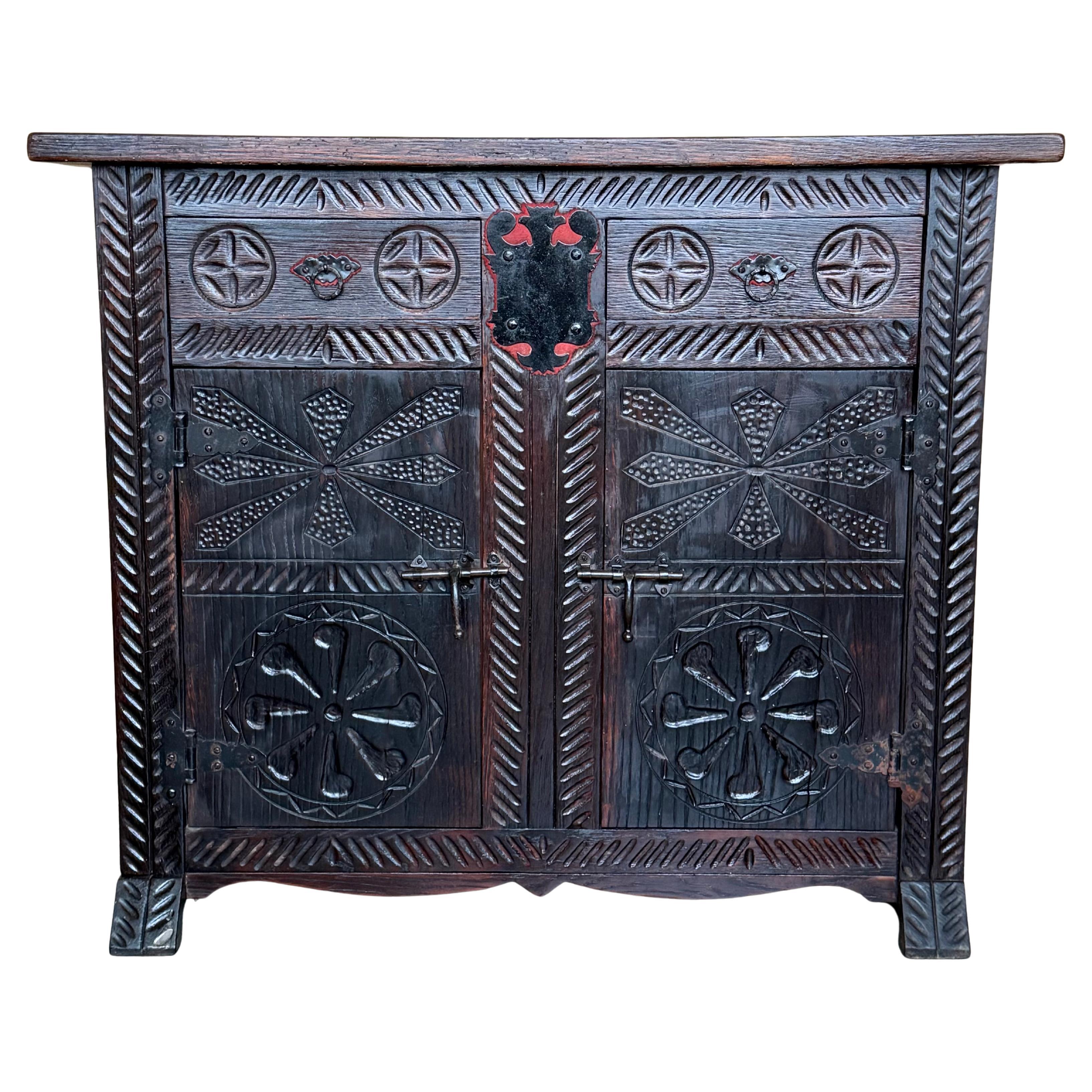20th Spanish Baroque Carved Walnut Tuscan Two Drawers Credenza or Buffet For Sale