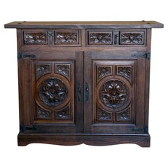 20th Spanish Baroque Carved Walnut Tuscan Two Drawers Credenza or Buffet