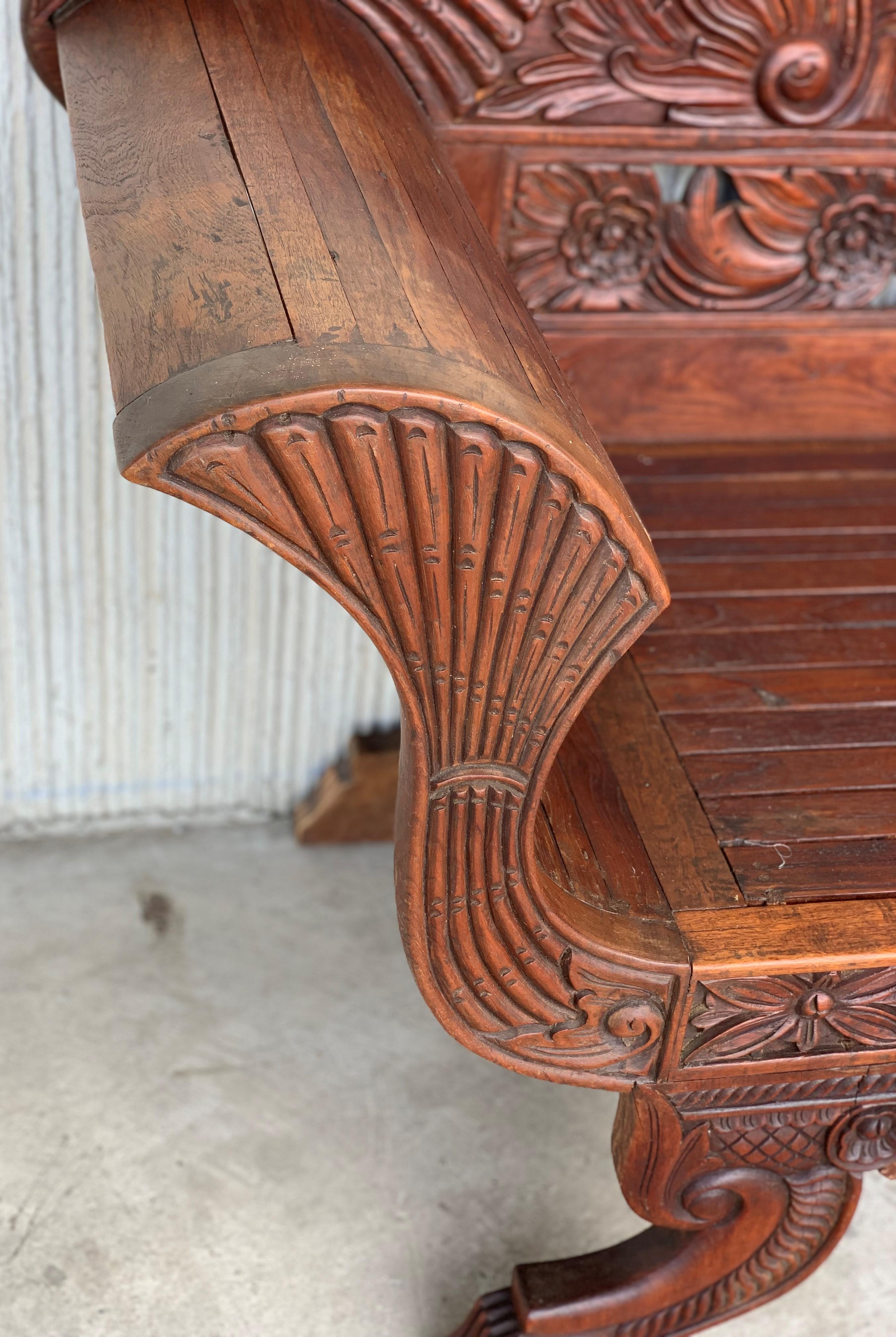 Art Deco 20th Century Spanish Carved Back & Legs Garden Bench or Settee with Curved Arms
