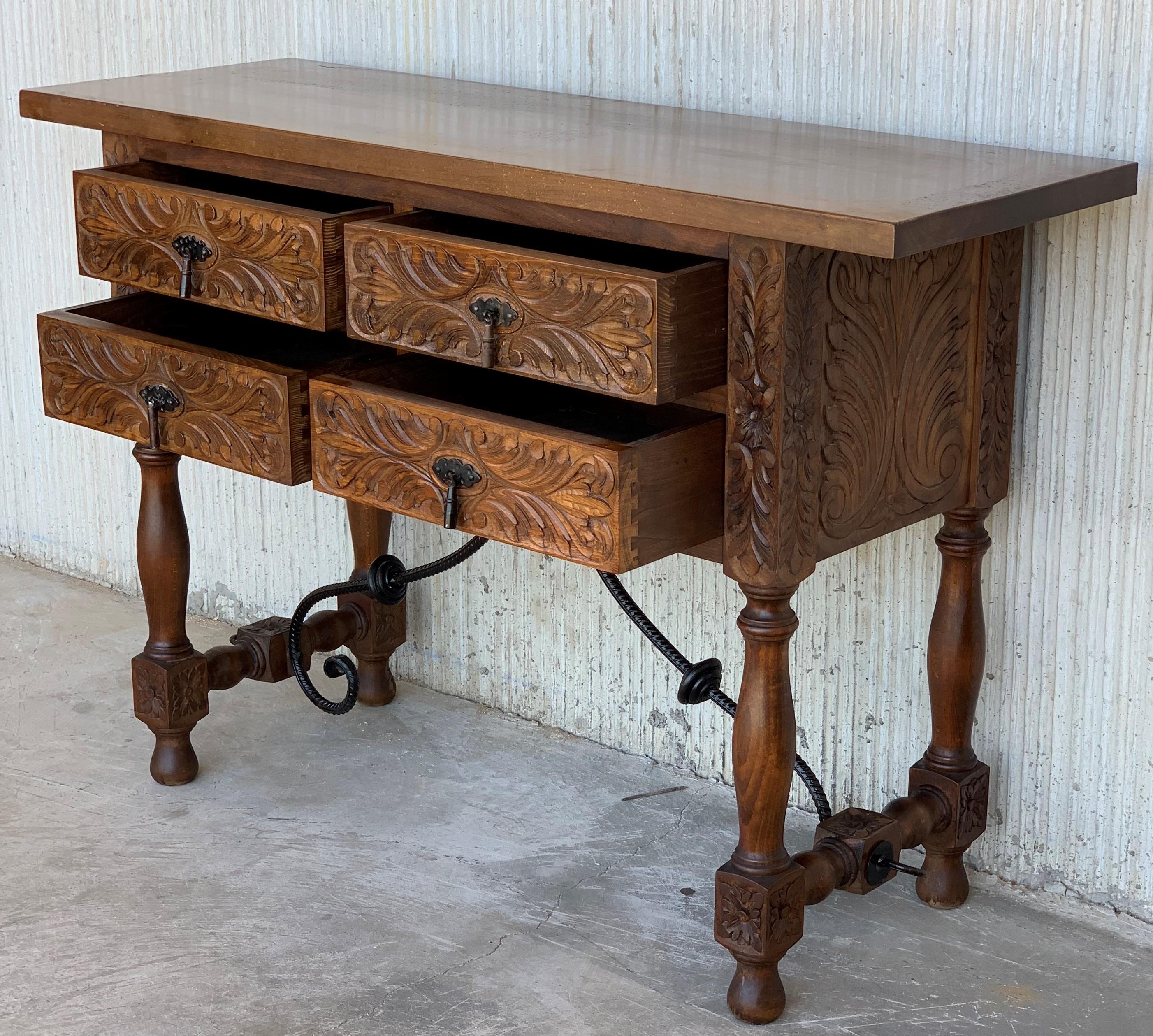 Catalan Spanish Carved Walnut Console Sofa Table, Four Drawers & Iron Stretcher 4