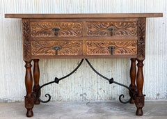 Catalan Spanish Carved Walnut Console Sofa Table, Four Drawers & Iron Stretcher