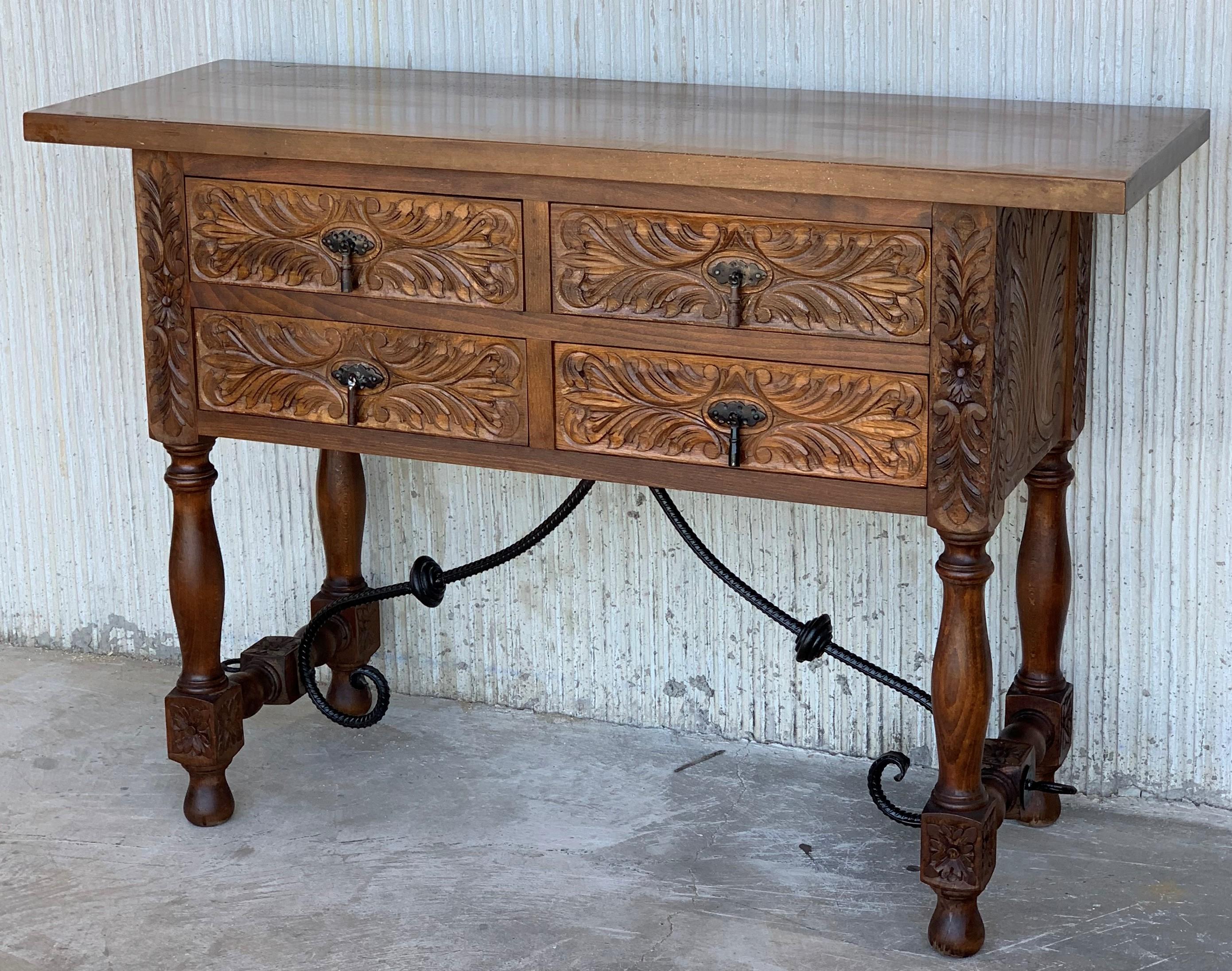 Hand-Carved Catalan Spanish Carved Walnut Console Sofa Table, Four Drawers & Iron Stretcher