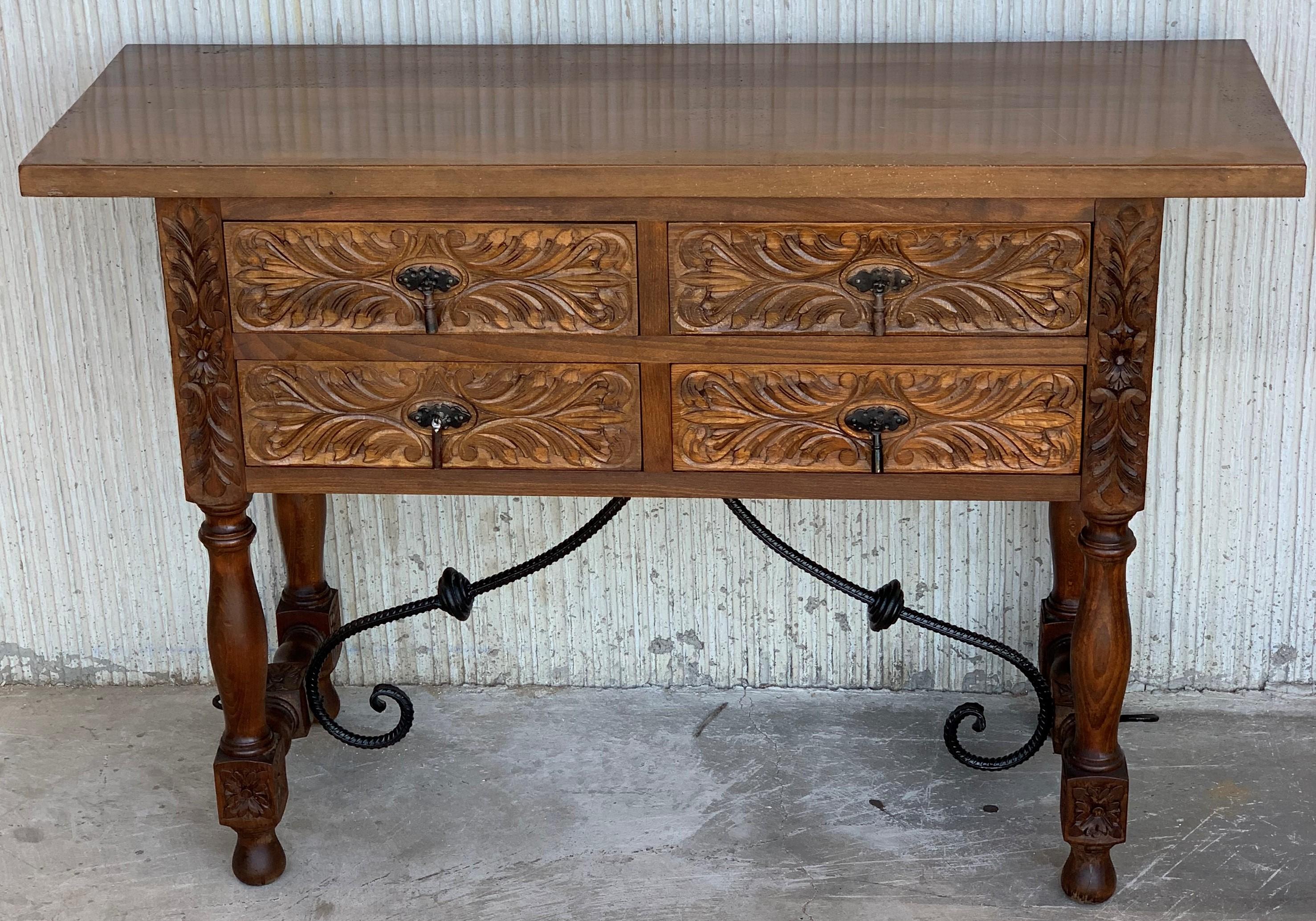Catalan Spanish Carved Walnut Console Sofa Table, Four Drawers & Iron Stretcher In Good Condition In Miami, FL
