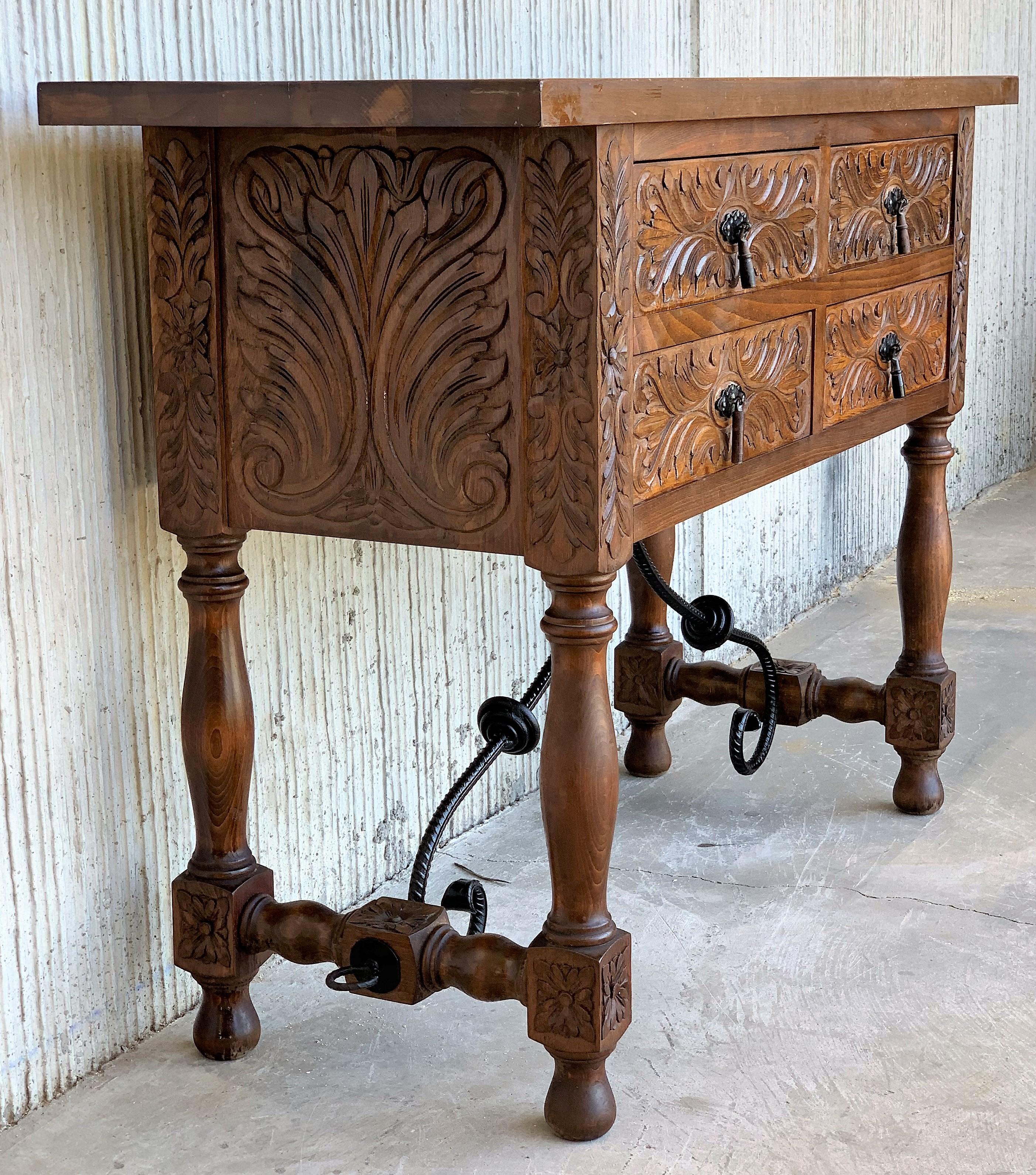 20th Century Catalan Spanish Carved Walnut Console Sofa Table, Four Drawers & Iron Stretcher
