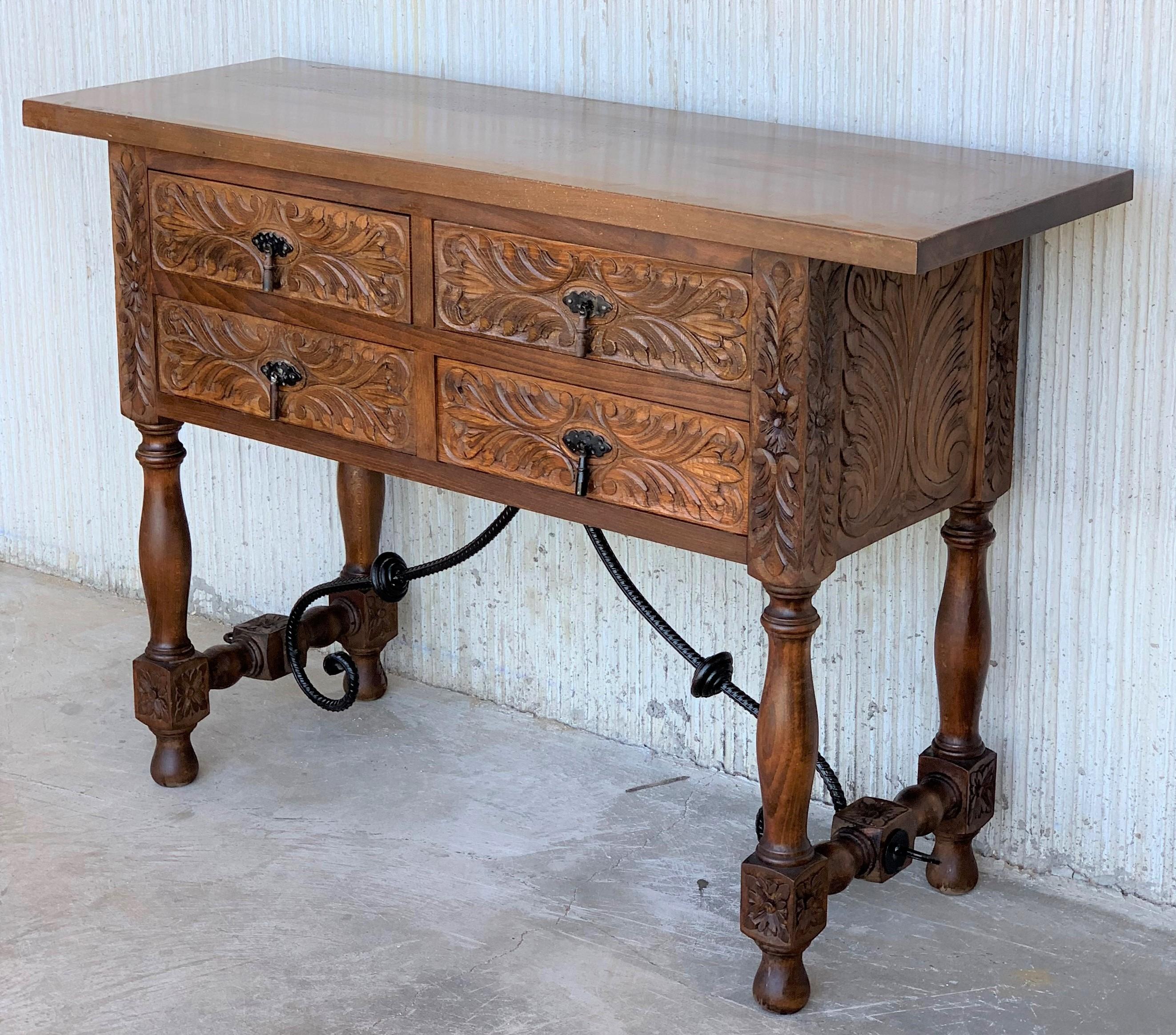 Catalan Spanish Carved Walnut Console Sofa Table, Four Drawers & Iron Stretcher 1