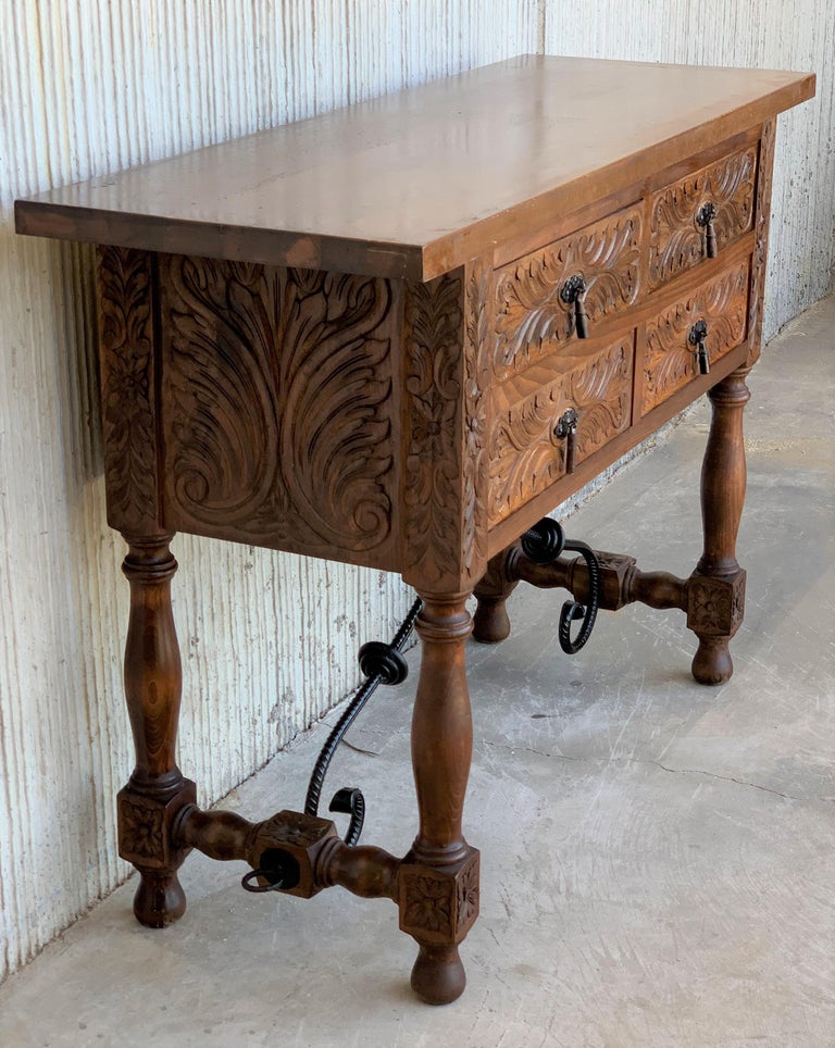 Spanish Carved Walnut Console Sofa Table, Four Drawers and Iron