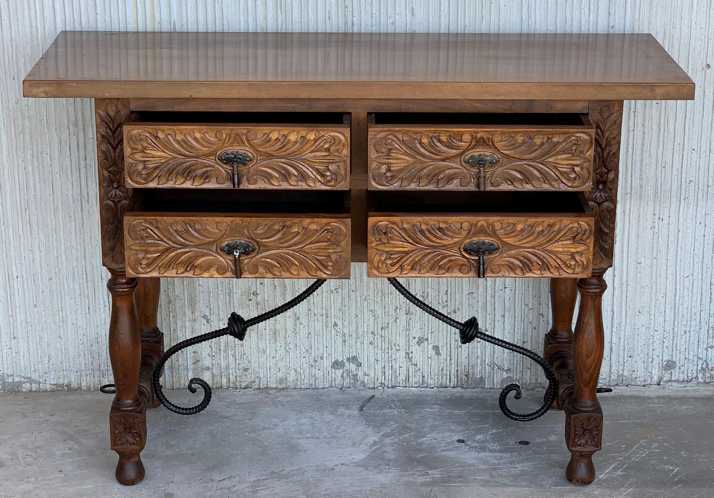 Catalan Spanish Carved Walnut Console Sofa Table, Four Drawers & Iron Stretcher 3