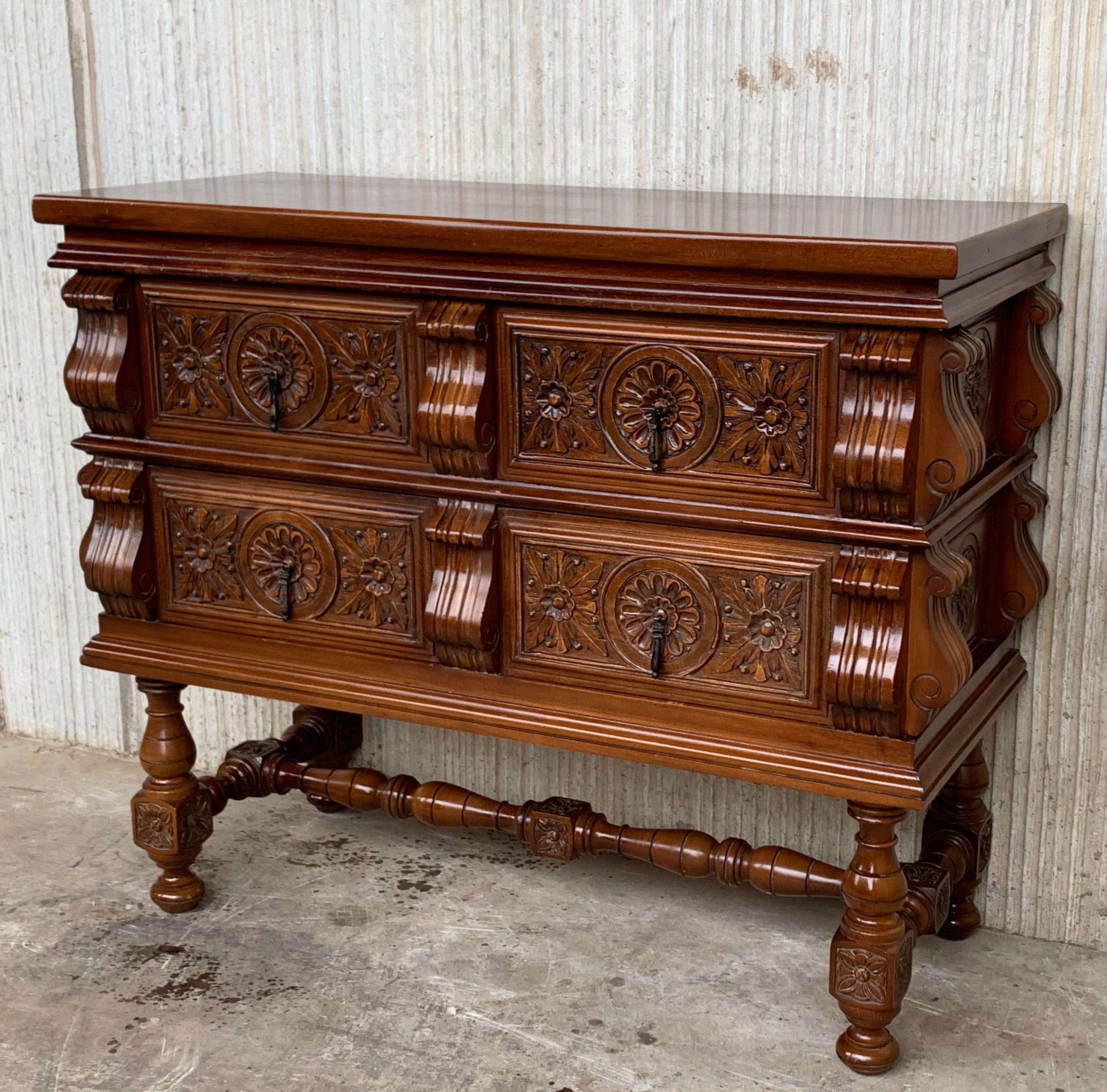 20th Spanish Chest of Drawers with Original Hardware and carved drawers