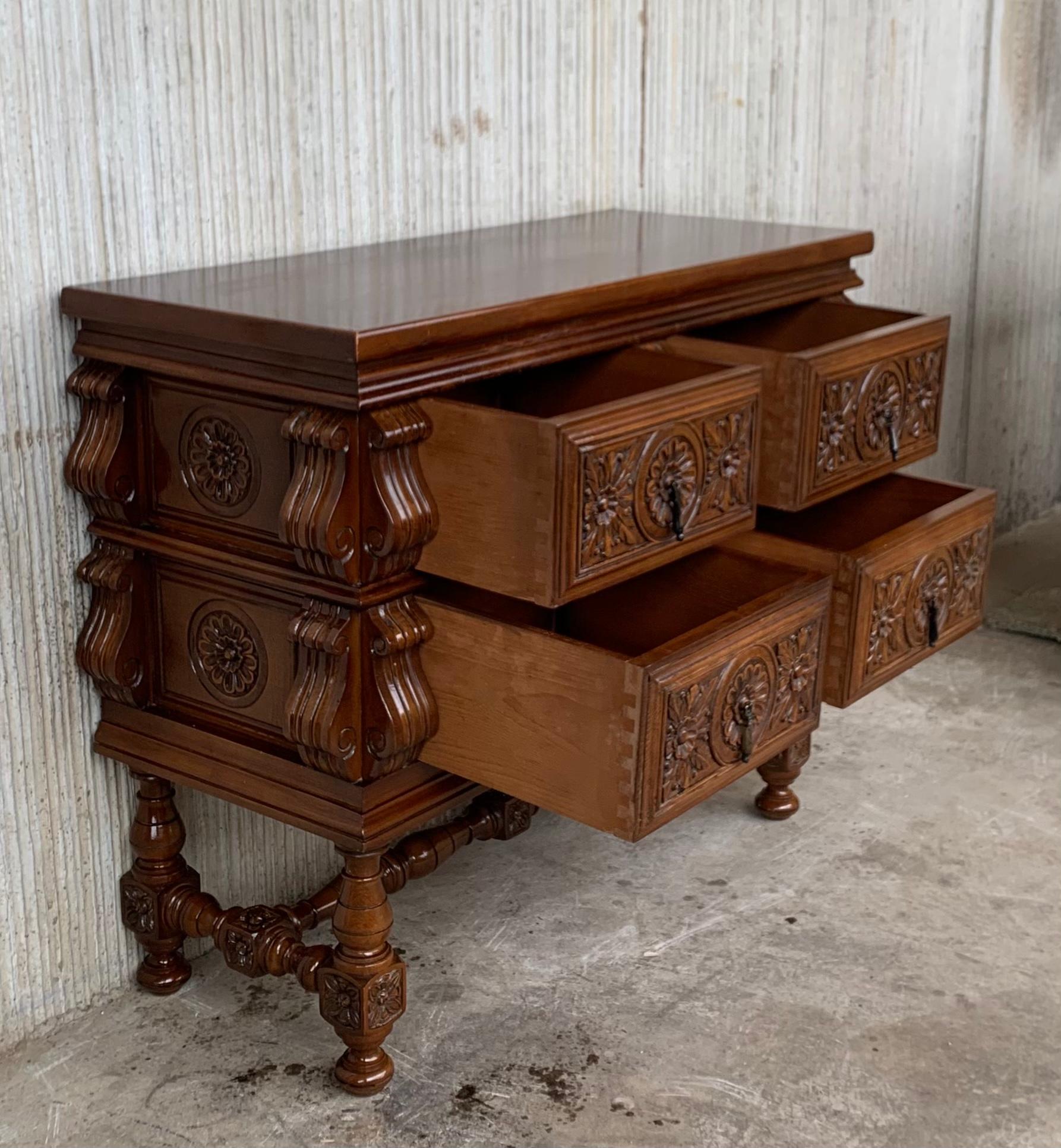 Iron 20th Spanish Chest of Drawers with Original Hardware and carved drawers For Sale