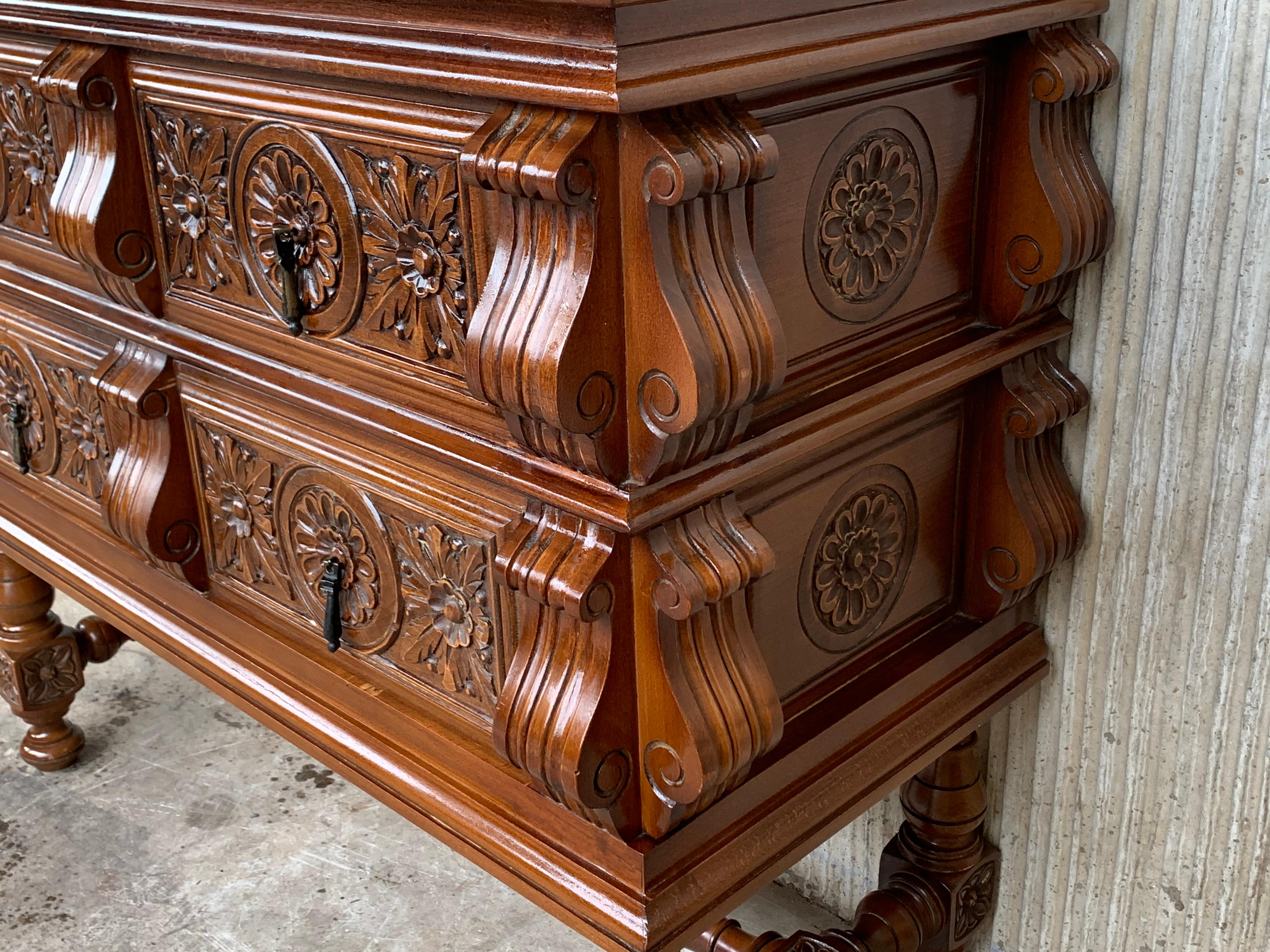 20th Spanish Chest of Drawers with Original Hardware and carved drawers