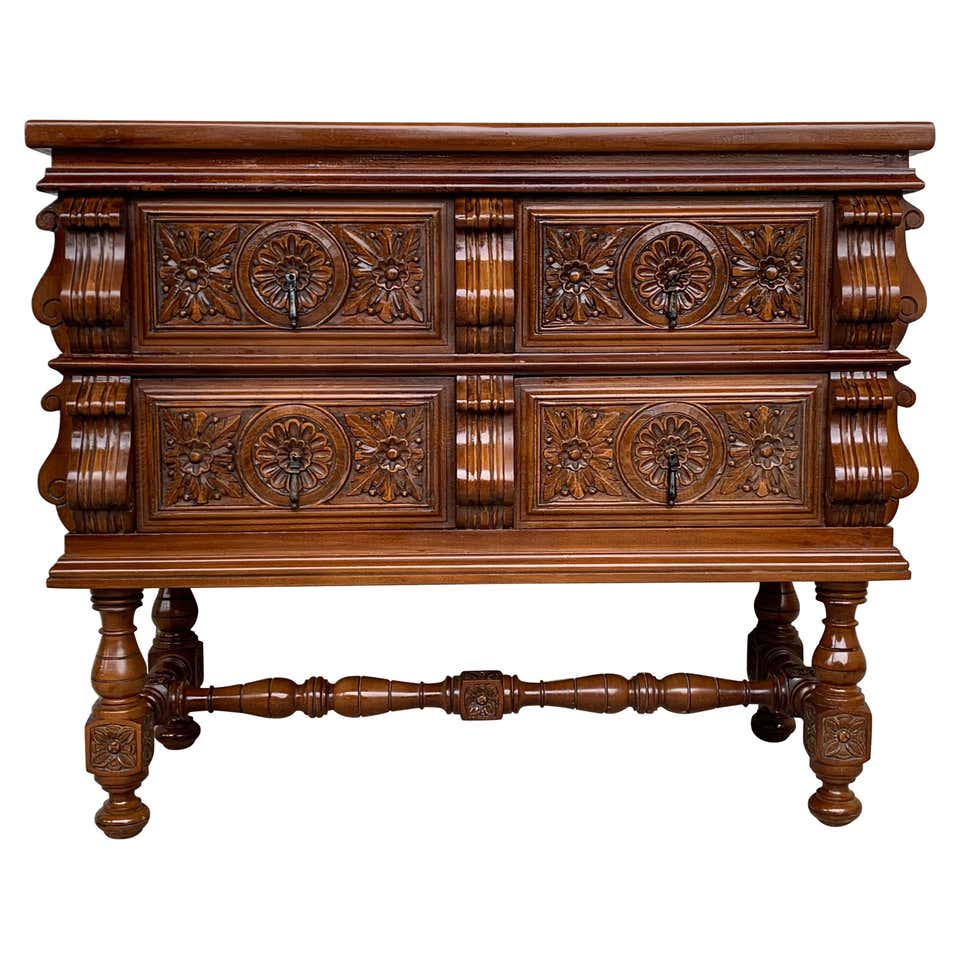 20th Spanish Dresser in Carved Wood with Marble Top and Four Drawers