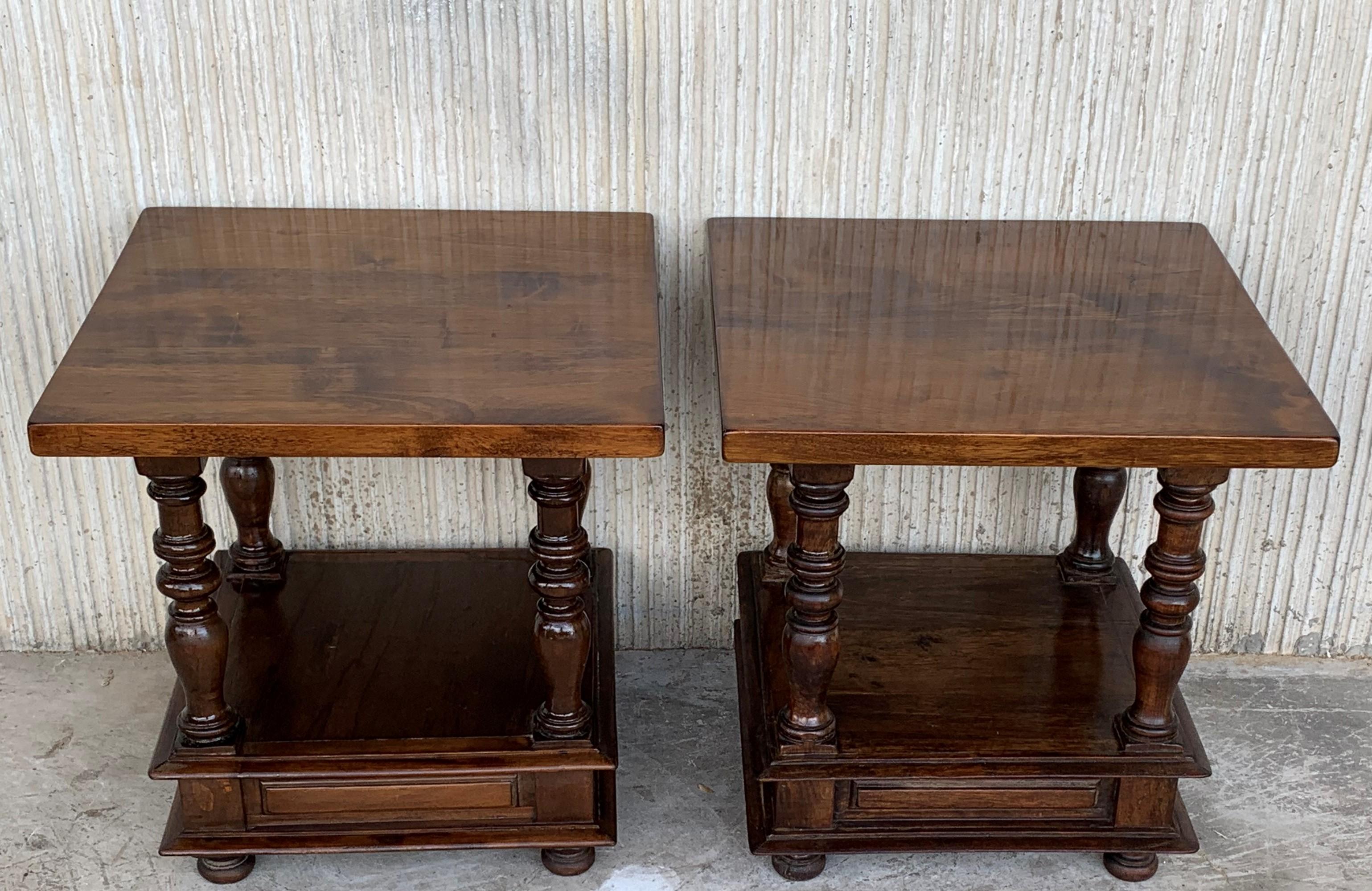 Spanish Colonial Pair of Square Solid Walnut Coffee Tables with Low Shelve In Good Condition In Miami, FL