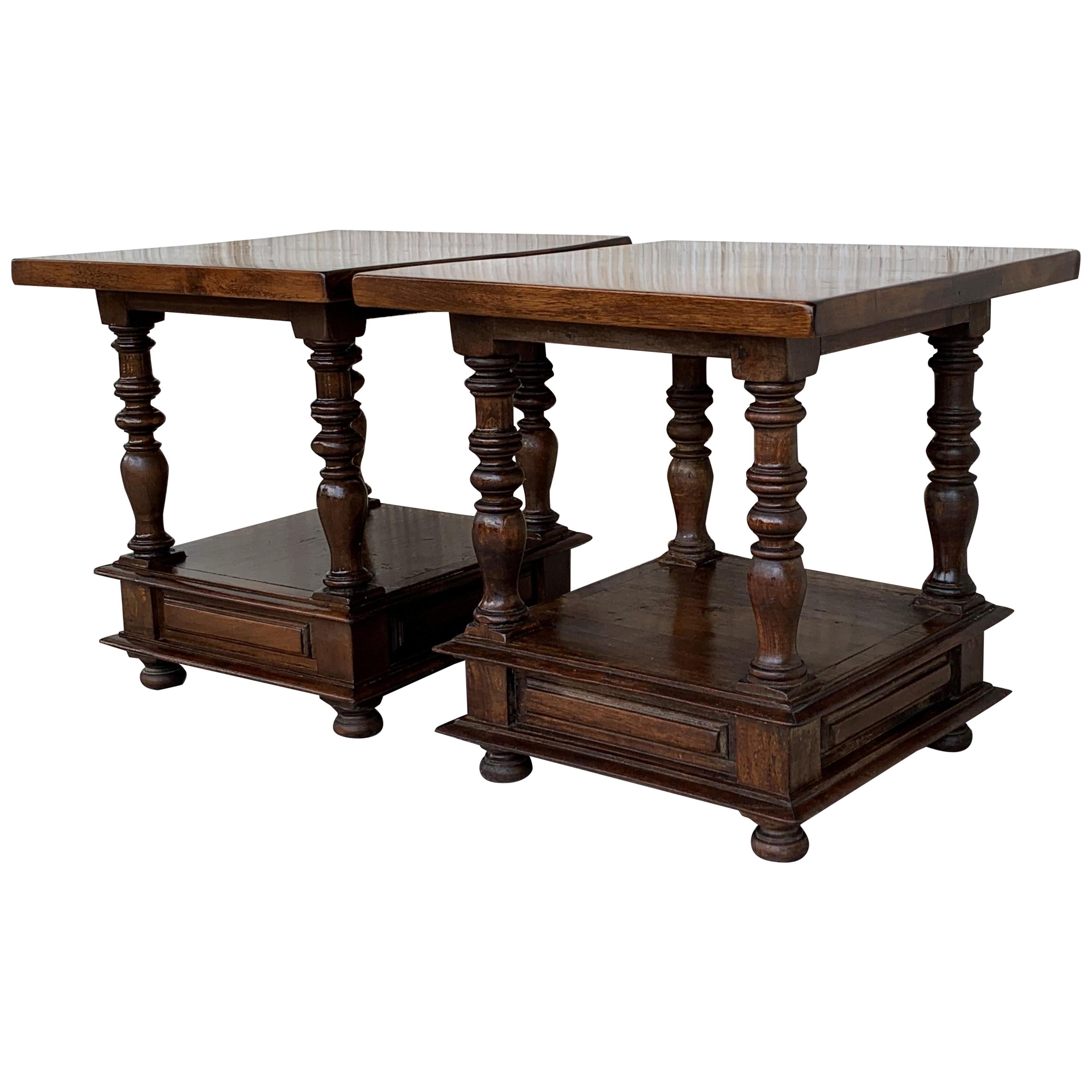 Spanish Colonial Pair of Square Solid Walnut Coffee Tables with Low Shelve