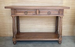 20th Spanish Console Table with Two Drawers, Solomonic Legs and Low Shelve