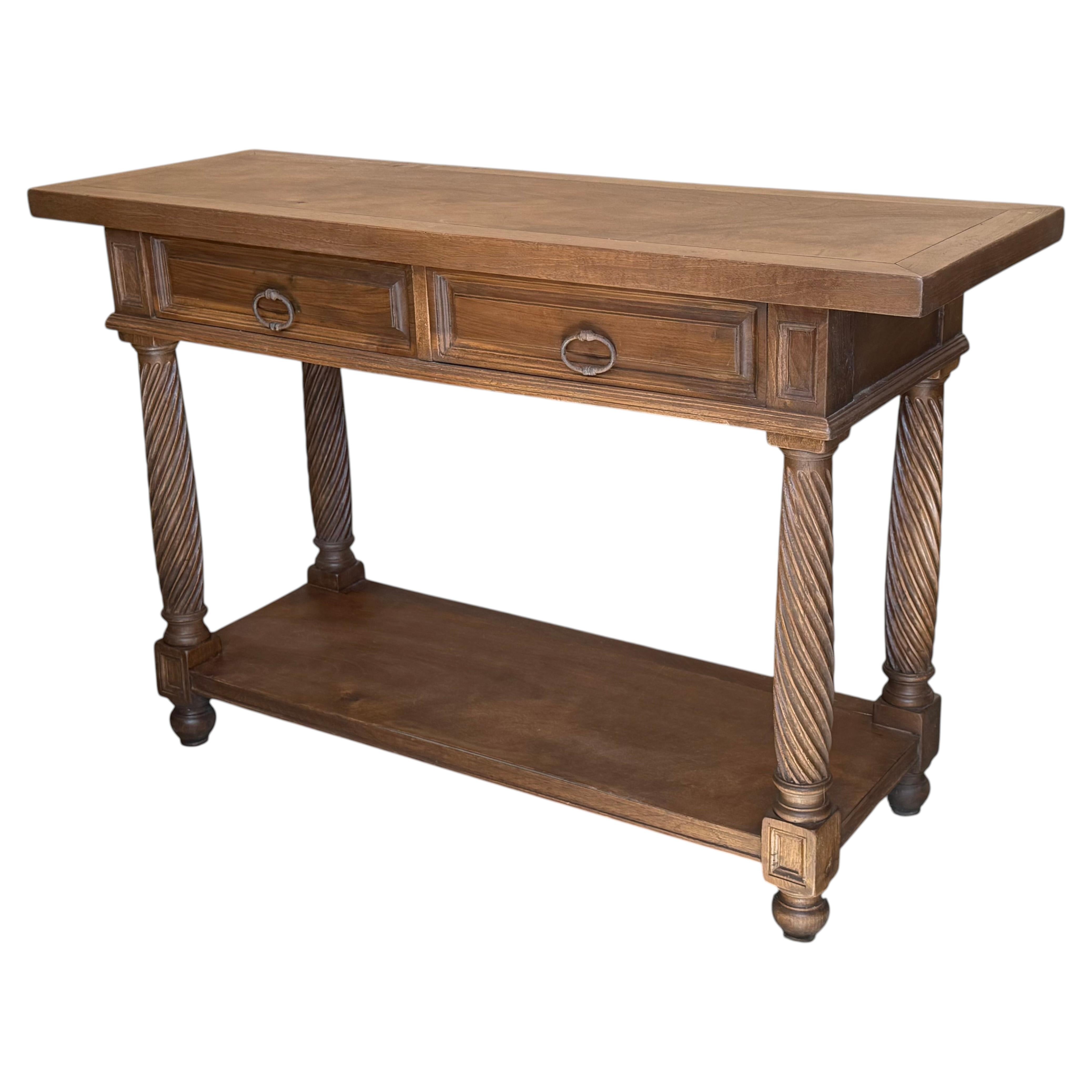 20th Spanish Console Table with Two Drawers, Solomonic Legs and Low Shelve For Sale