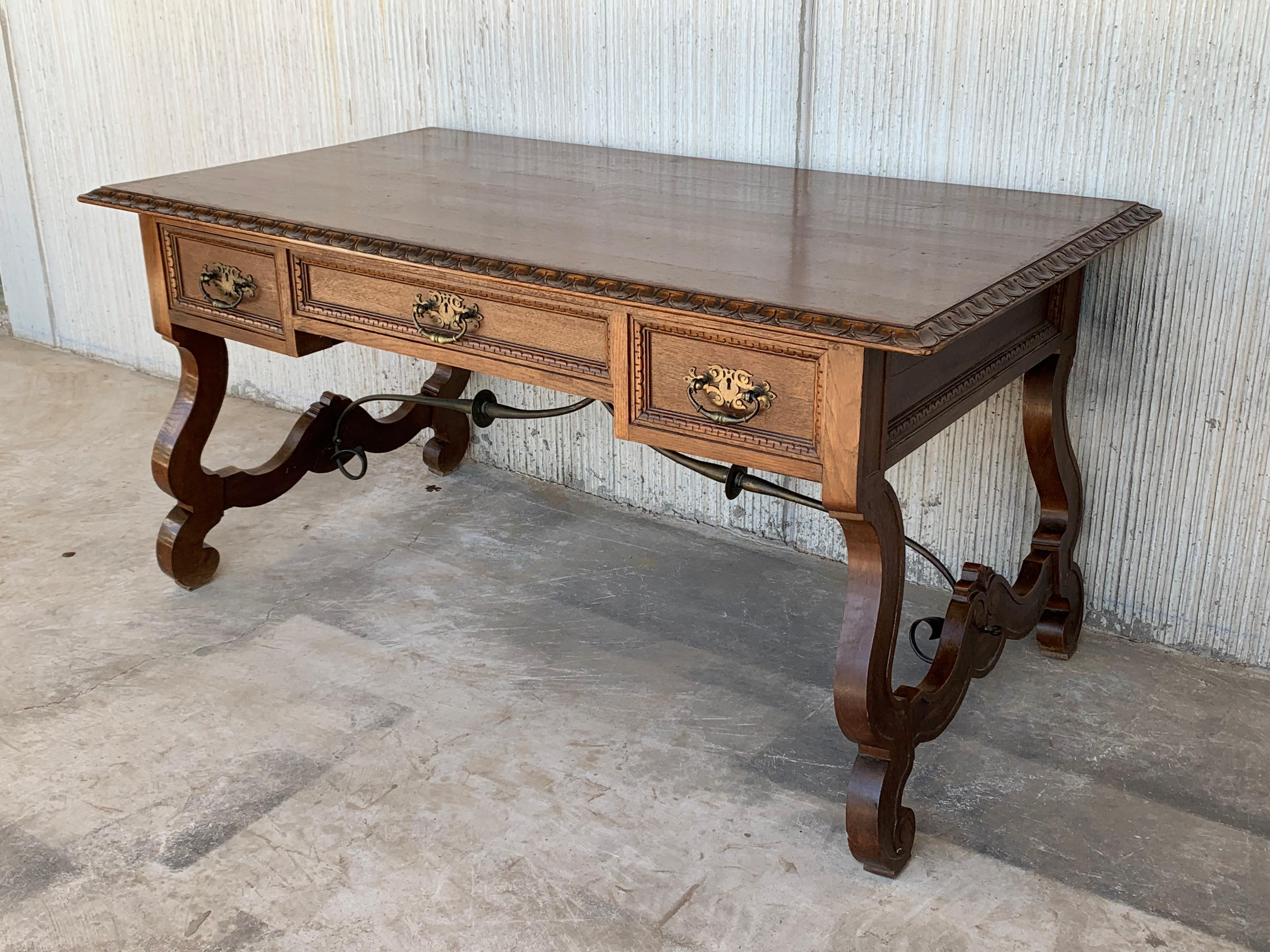 20th Spanish Desk or Library Carved Oak Table with Three Drawers & Stretcher 2