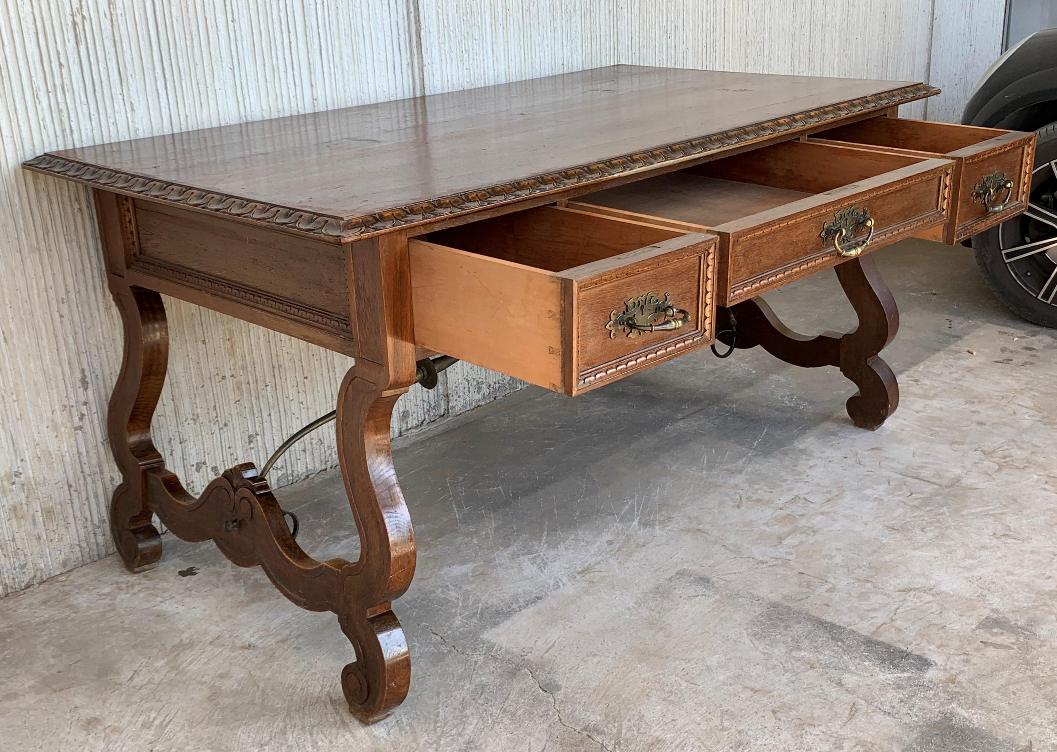 20th Spanish Desk or Library Carved Oak Table with Three Drawers & Stretcher 3