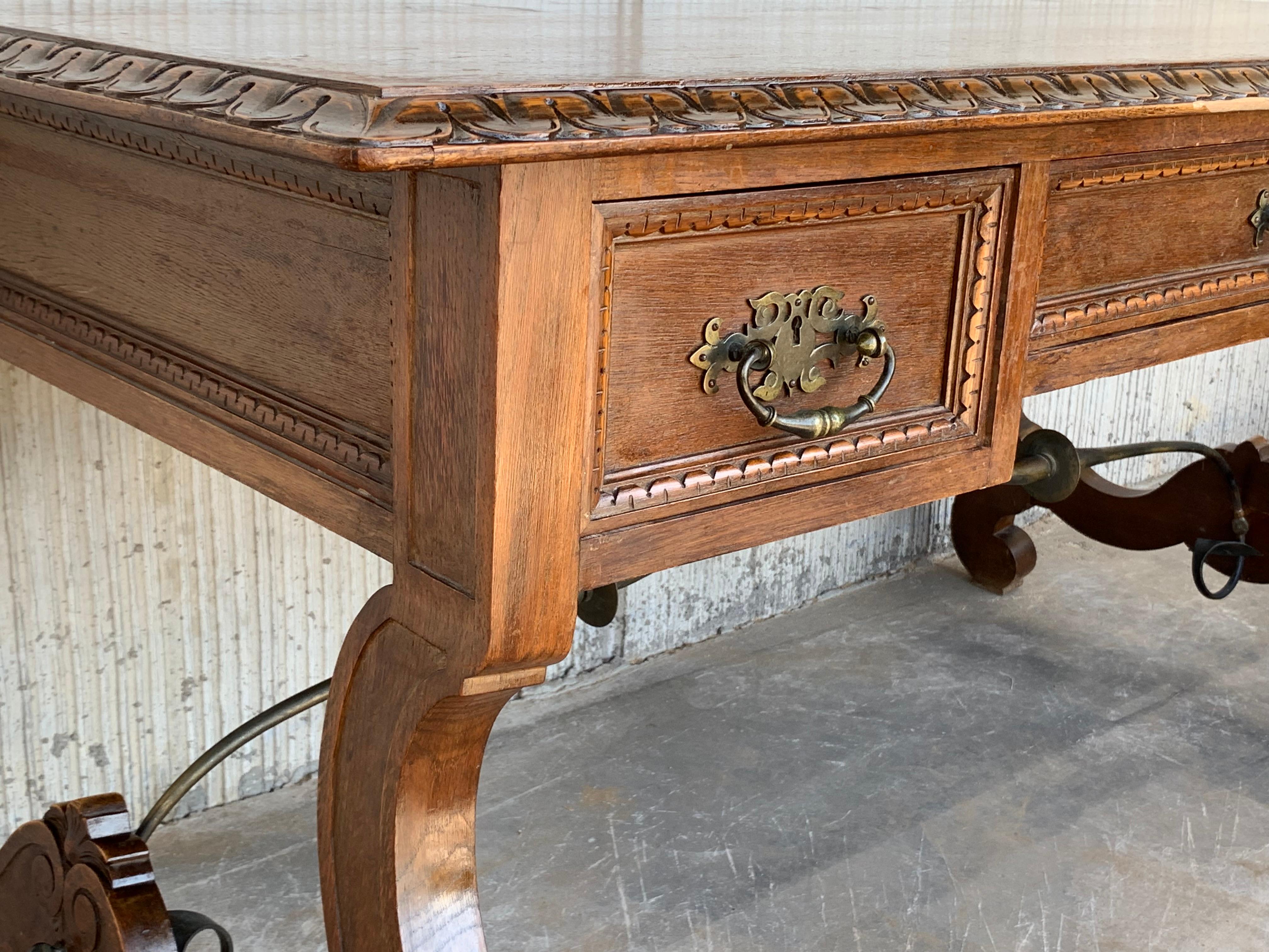 20th Spanish Desk or Library Carved Oak Table with Three Drawers & Stretcher 6