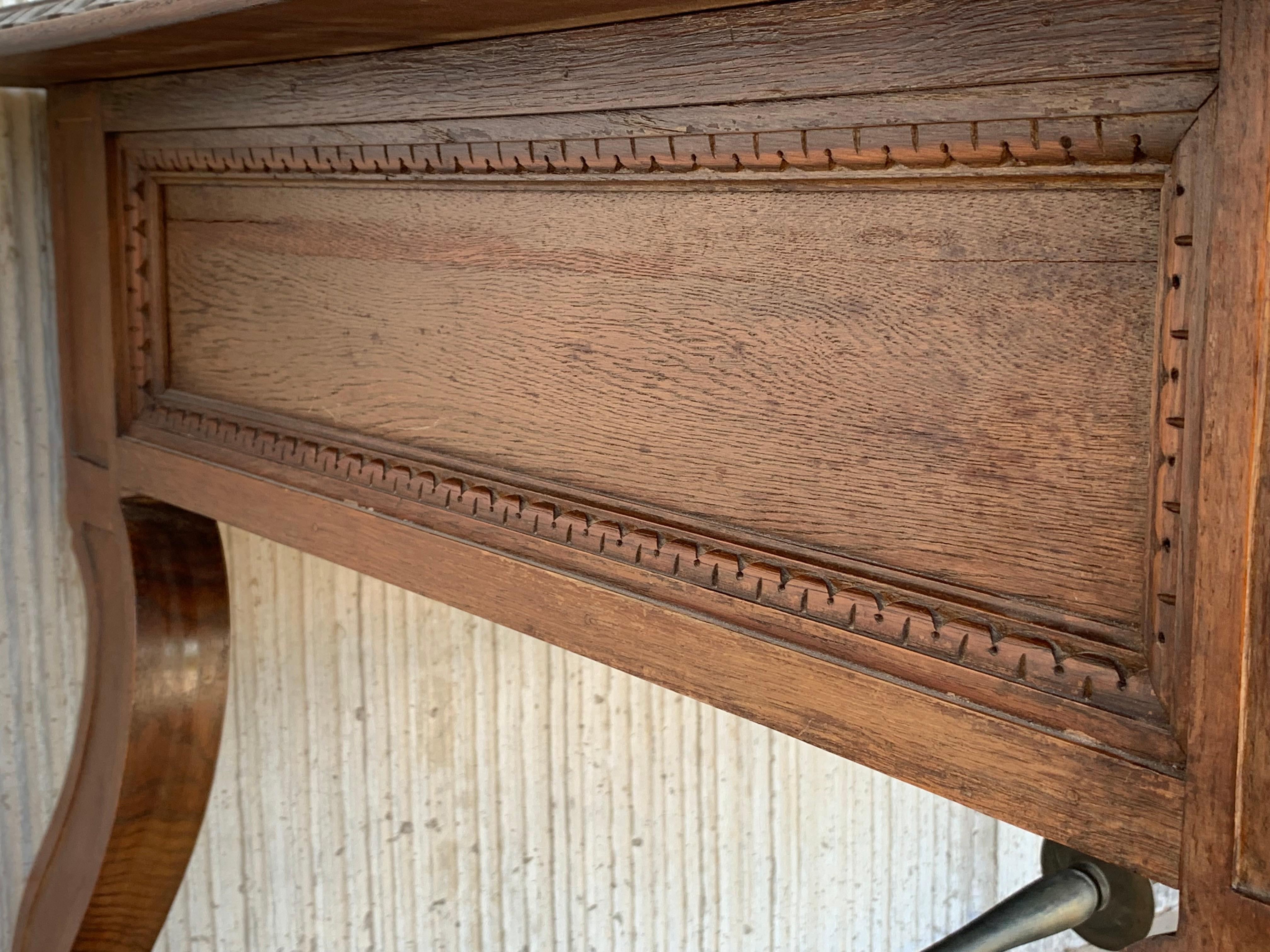 20th Spanish Desk or Library Carved Oak Table with Three Drawers & Stretcher 9