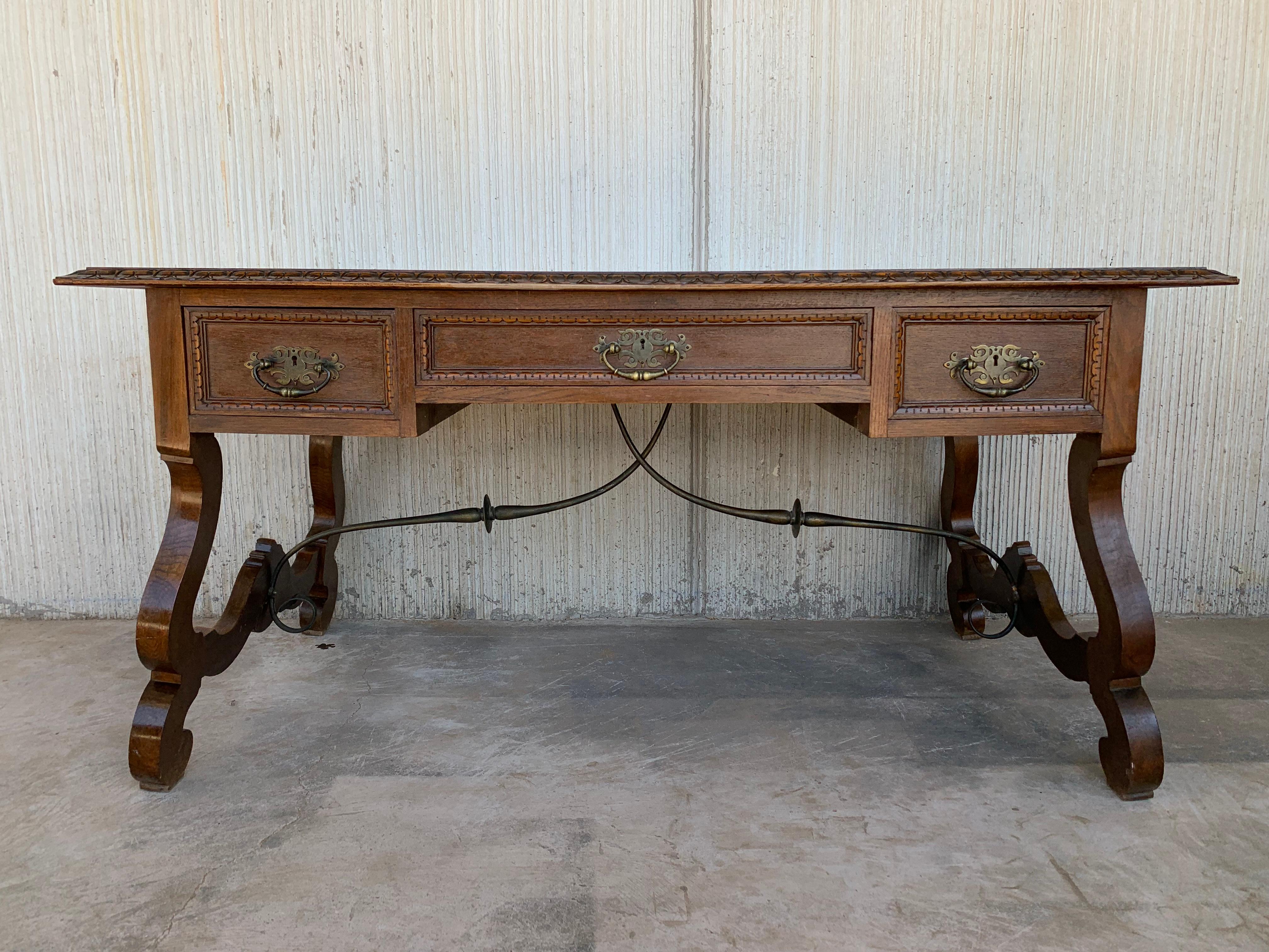 French Provincial 20th Spanish Desk or Library Carved Oak Table with Three Drawers & Stretcher