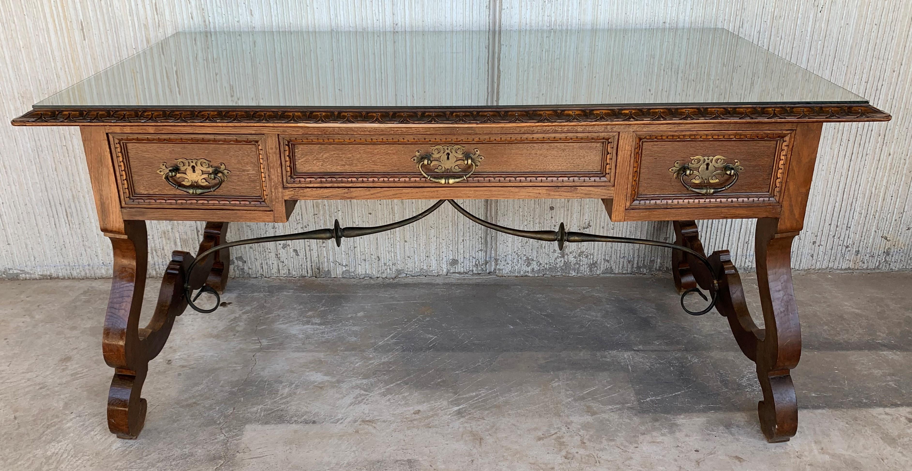 French 20th Spanish Desk or Library Carved Oak Table with Three Drawers & Stretcher