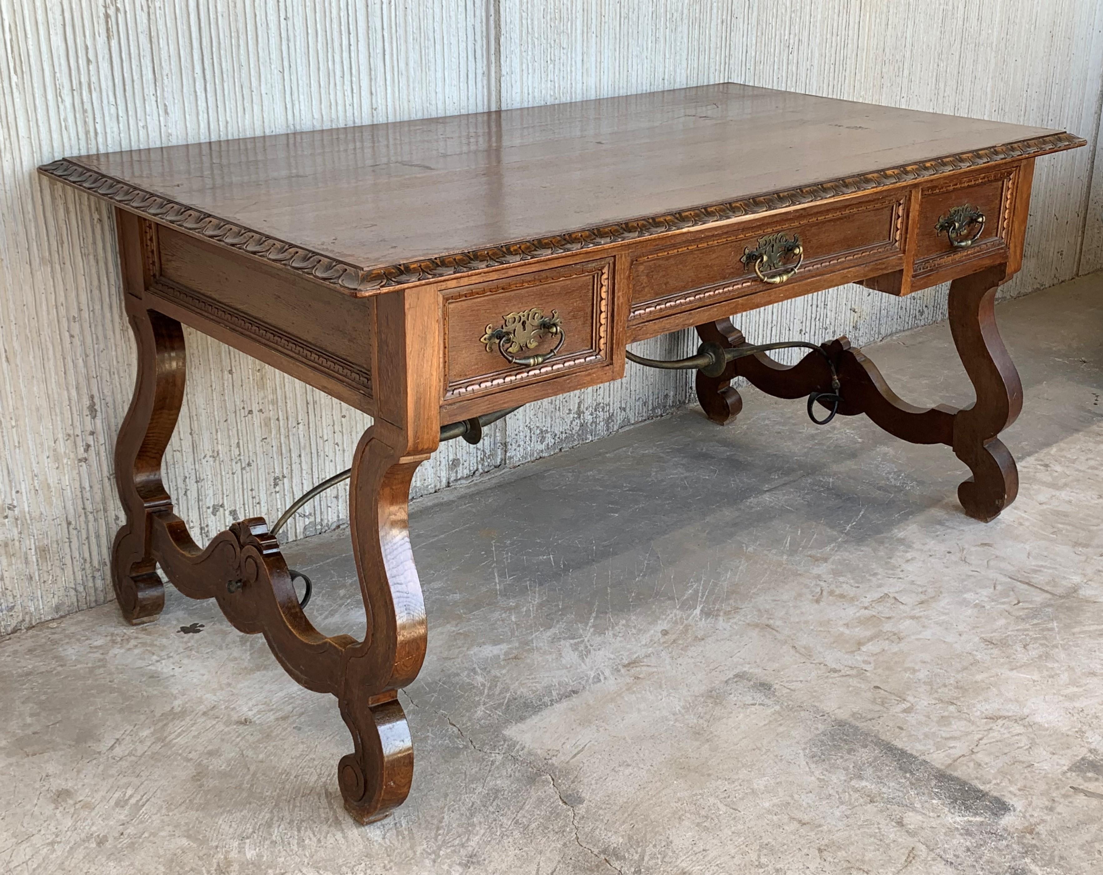 Hand-Carved 20th Spanish Desk or Library Carved Oak Table with Three Drawers & Stretcher