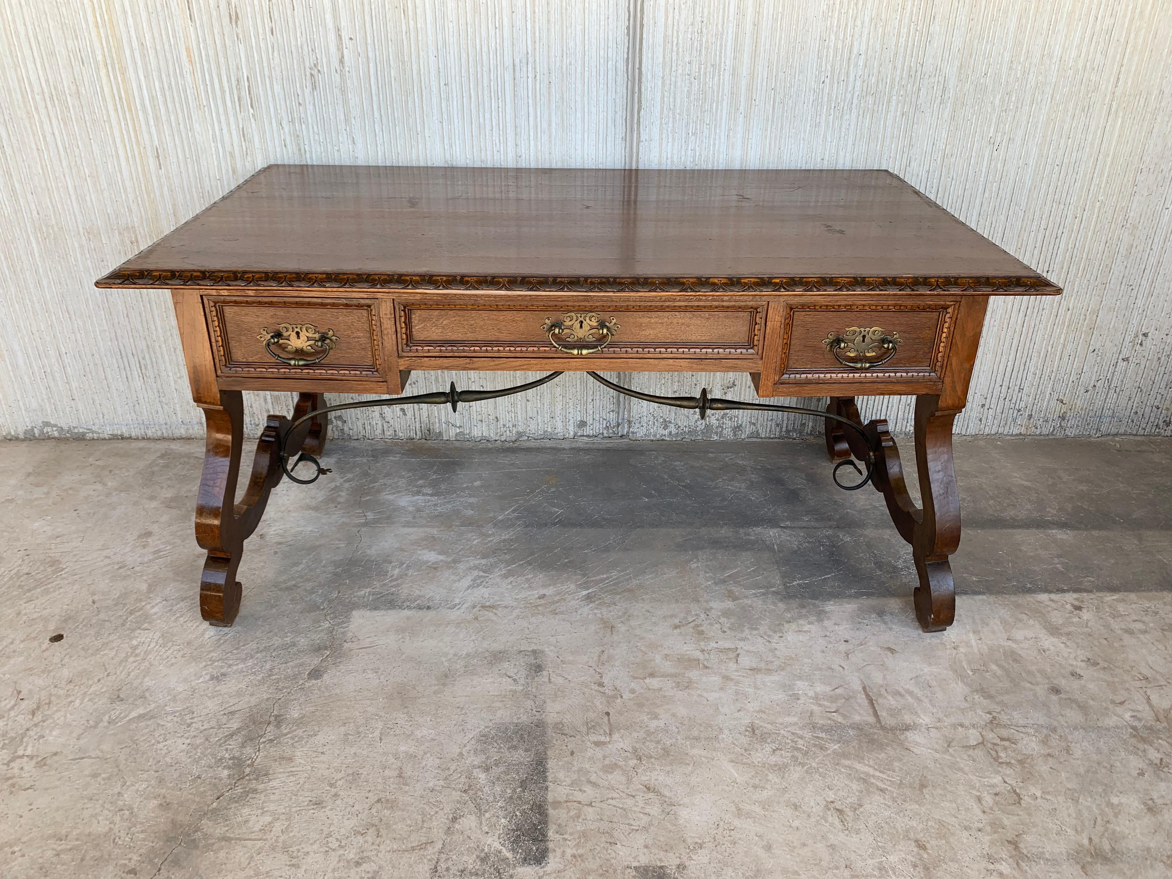 20th Century 20th Spanish Desk or Library Carved Oak Table with Three Drawers & Stretcher