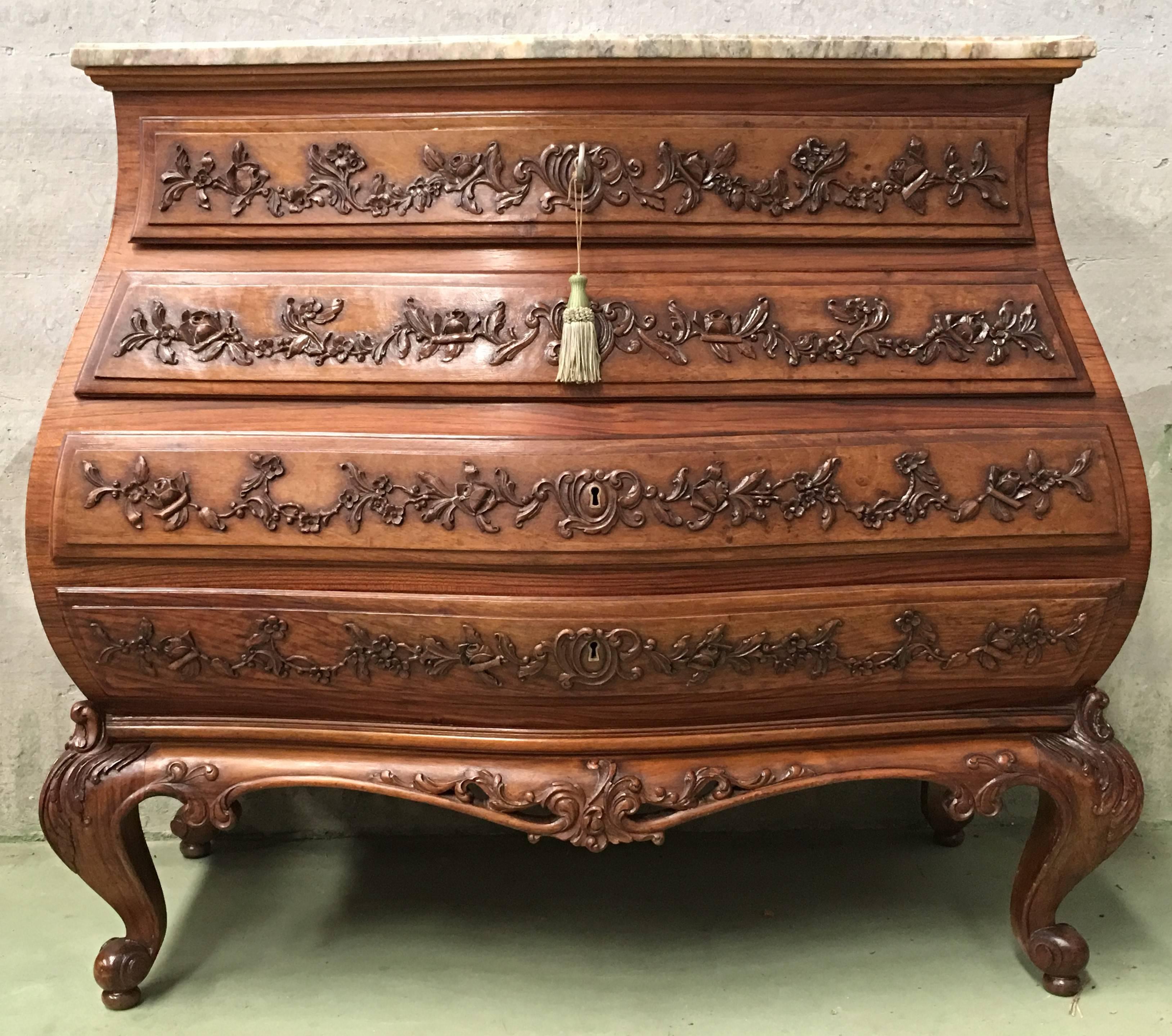 20th Spanish Dresser In Carved Wood With Marble Top And Four
