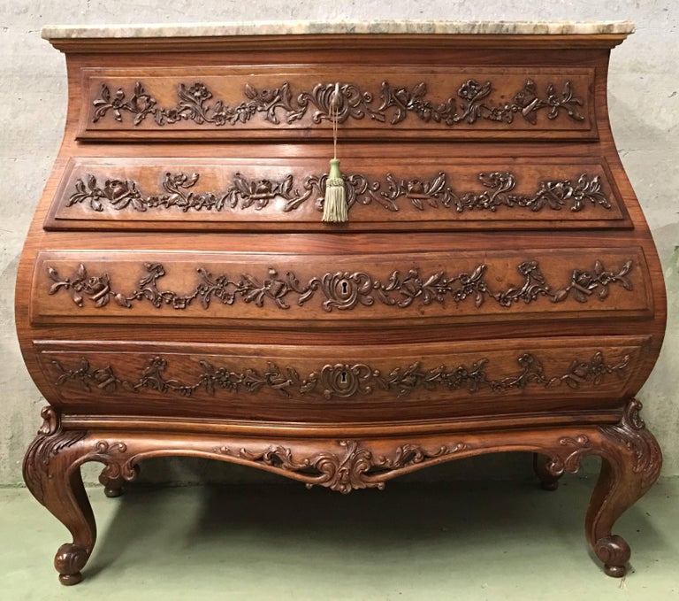 20th Spanish Dresser in Carved Wood with Marble Top and Four Drawers