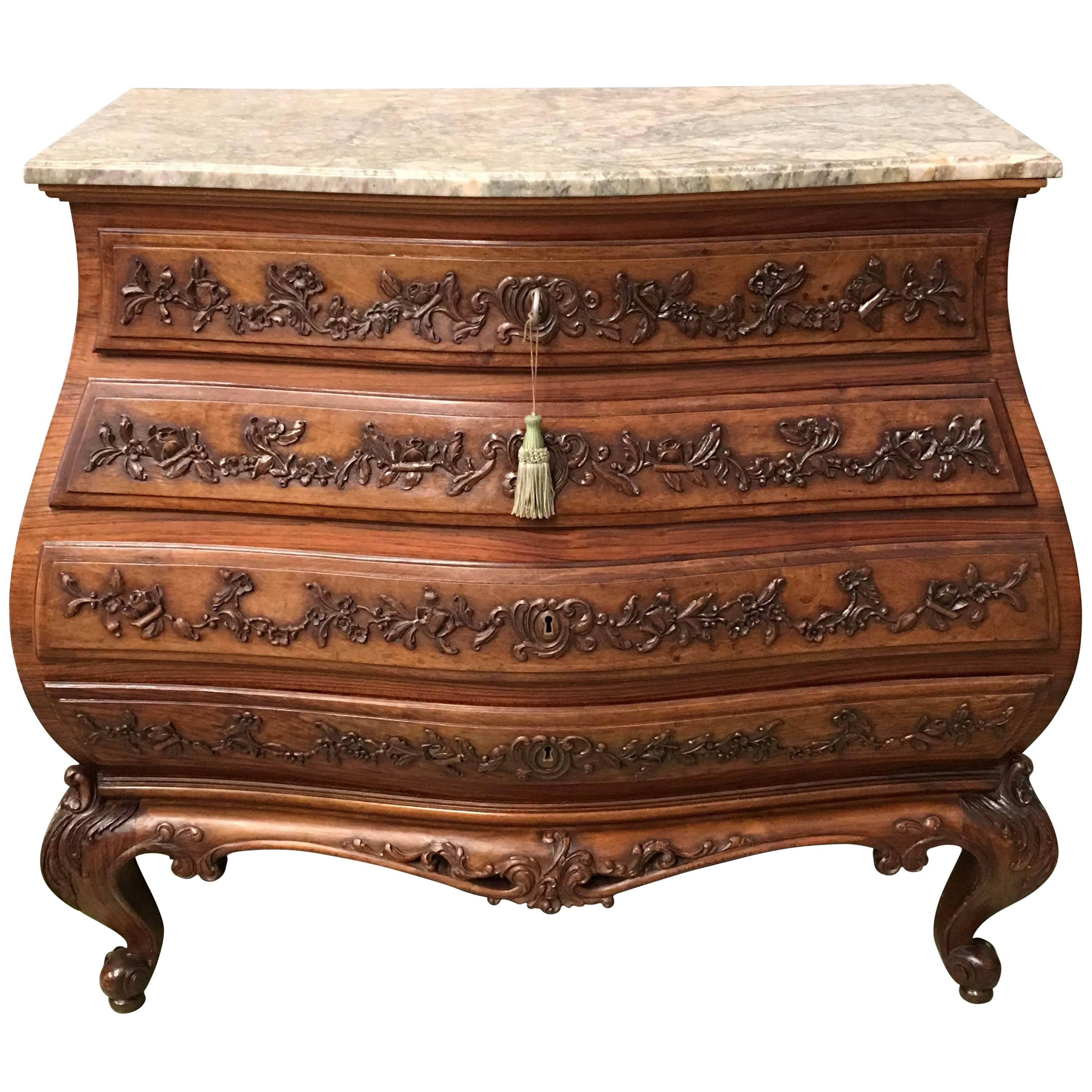 20th Spanish Dresser in Carved Wood with Marble Top and Four Drawers