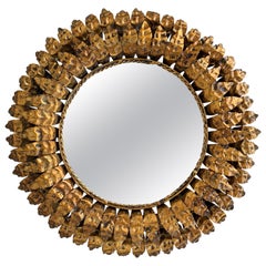 20th Century Spanish Gilt Metal Sunburst Mirror Double Layered Leaf Frame