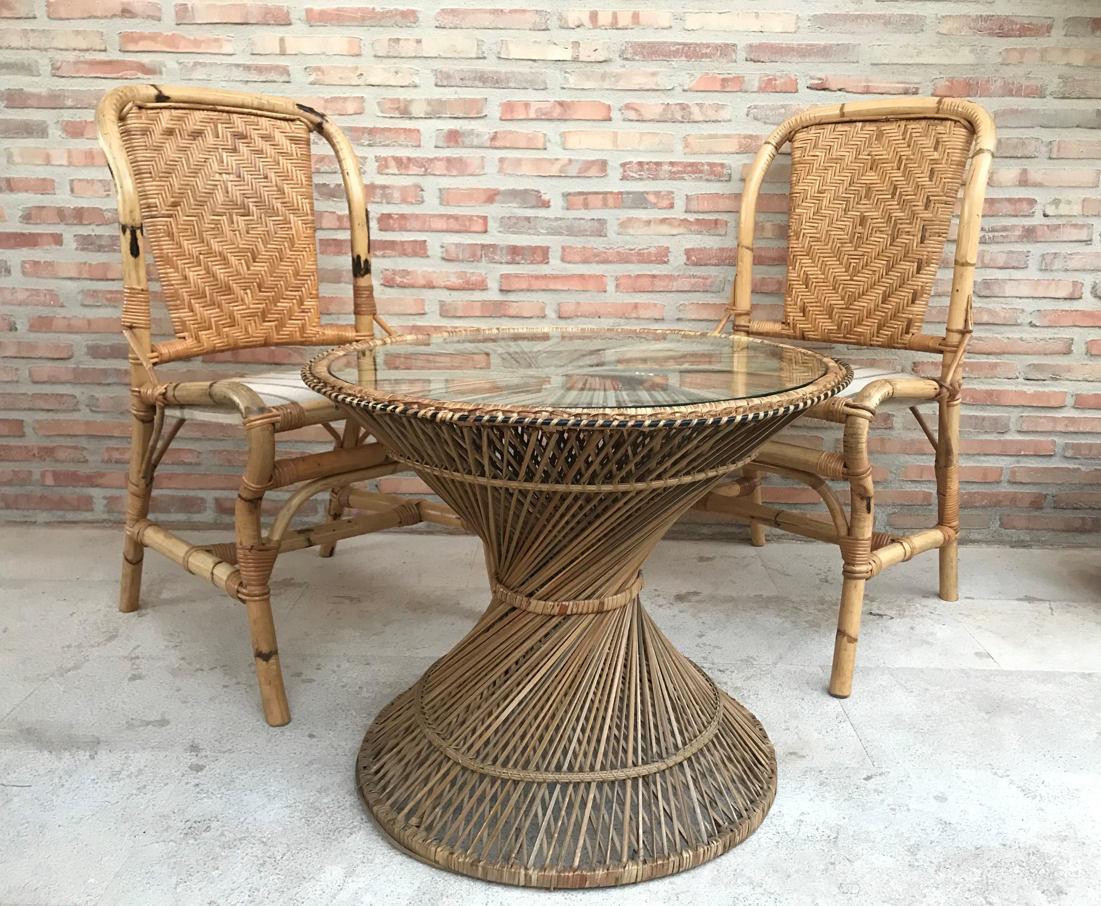 20th Spanish Midcentury Pair of Bamboo Chairs with Upholstered Seat For Sale 6