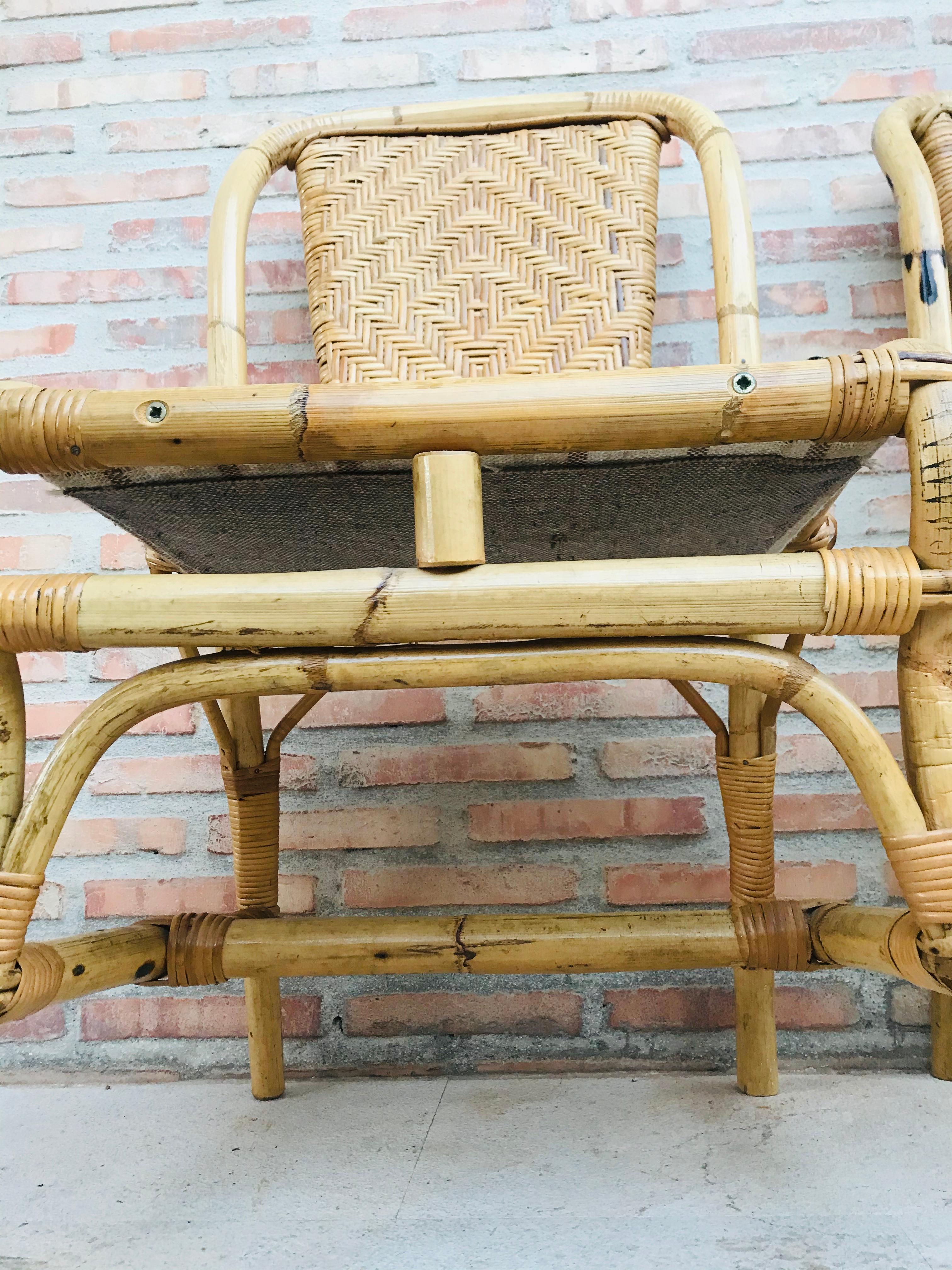 20th Spanish Midcentury Pair of Bamboo Chairs with Upholstered Seat For Sale 11