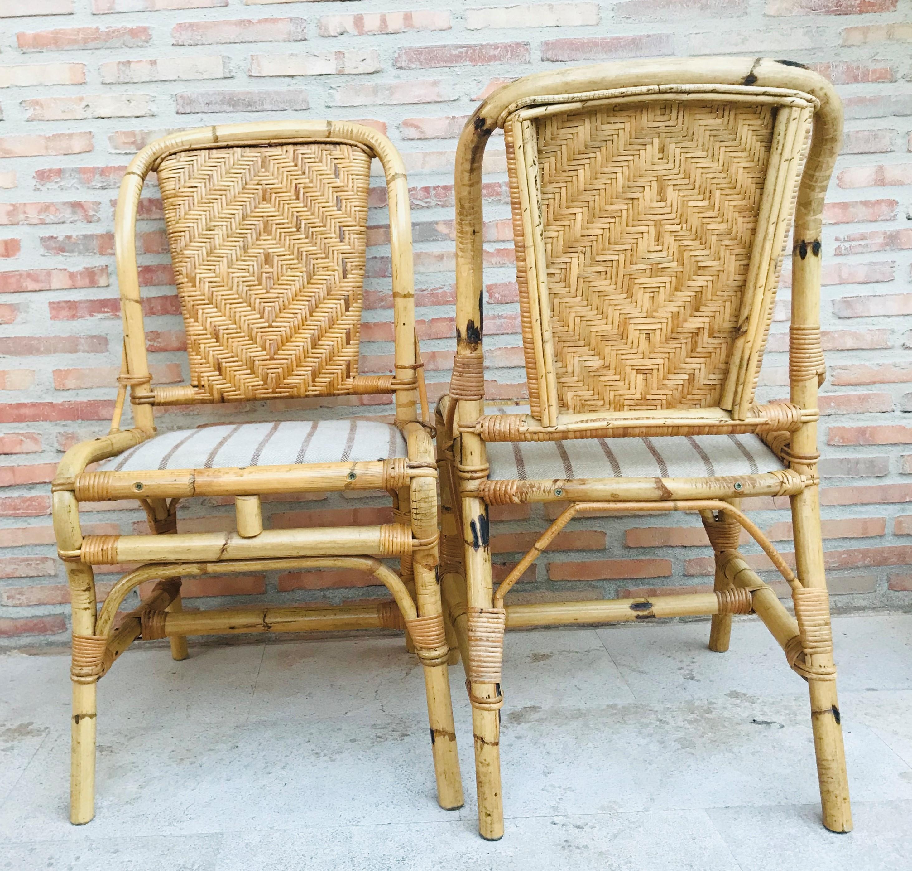 Mid-Century Modern 20th Spanish Midcentury Pair of Bamboo Chairs with Upholstered Seat For Sale