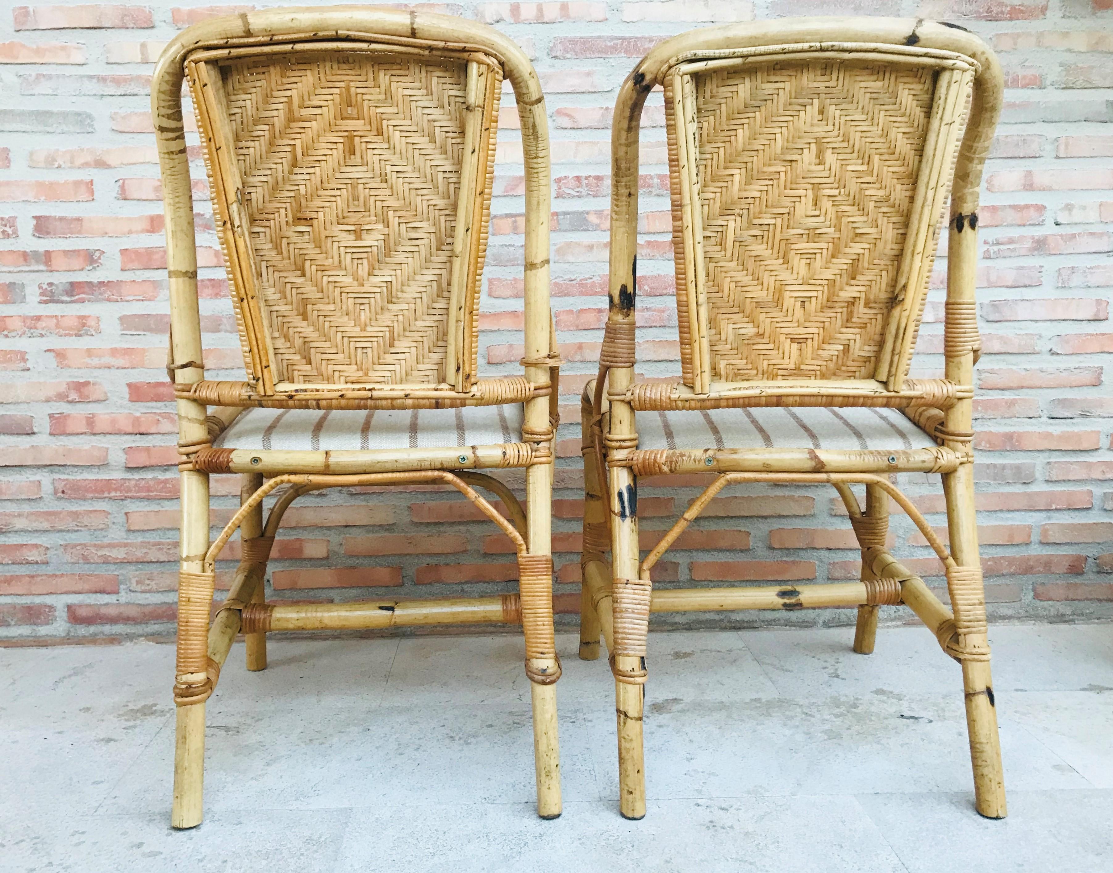 20th Century 20th Spanish Midcentury Pair of Bamboo Chairs with Upholstered Seat For Sale