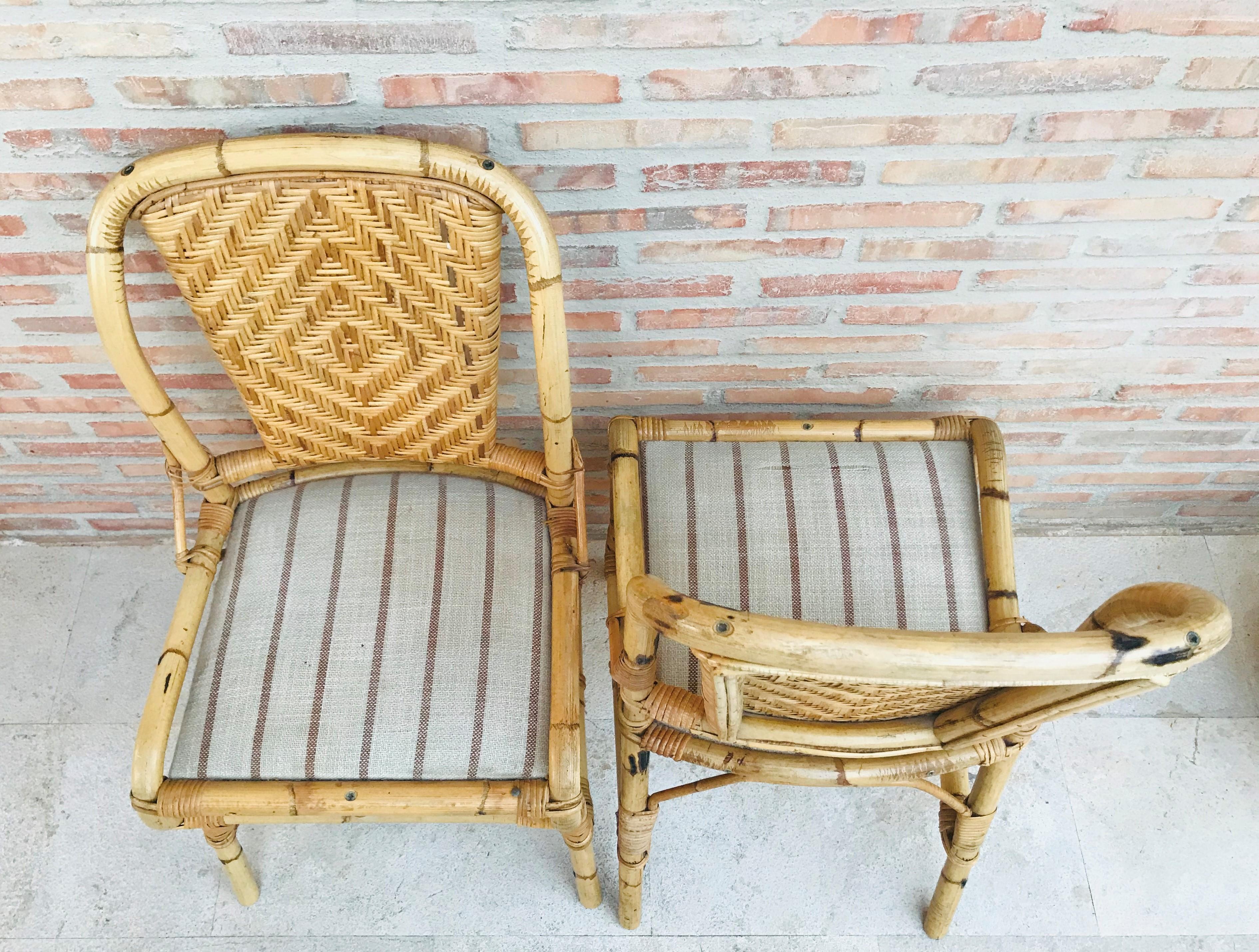 Upholstery 20th Spanish Midcentury Pair of Bamboo Chairs with Upholstered Seat For Sale