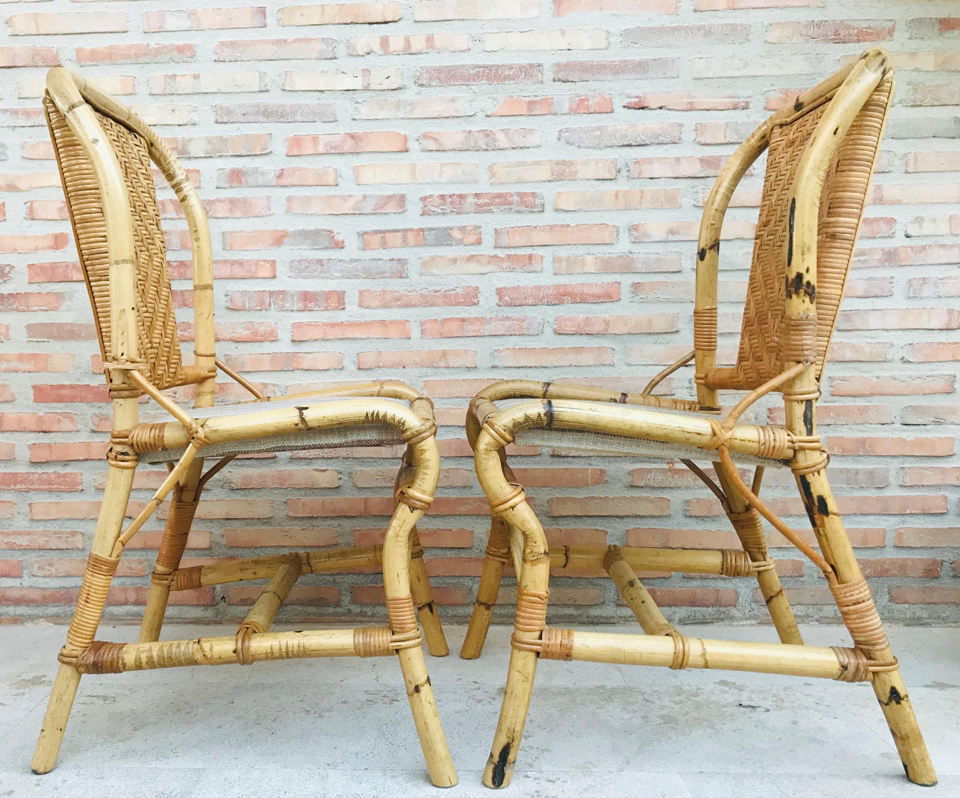 20th Spanish Midcentury Pair of Bamboo Chairs with Upholstered Seat For Sale 1