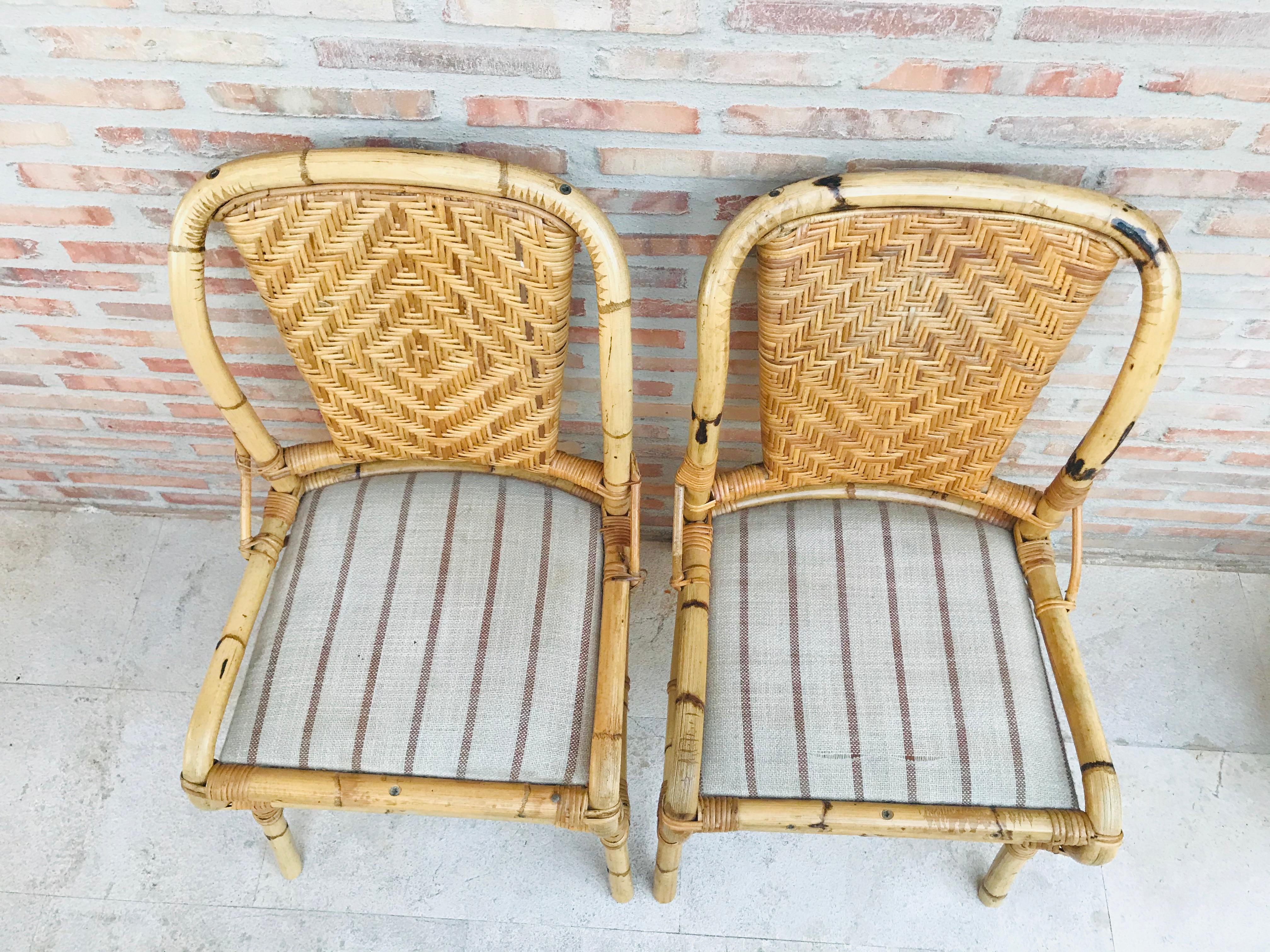 20th Spanish Midcentury Pair of Bamboo Chairs with Upholstered Seat For Sale 2