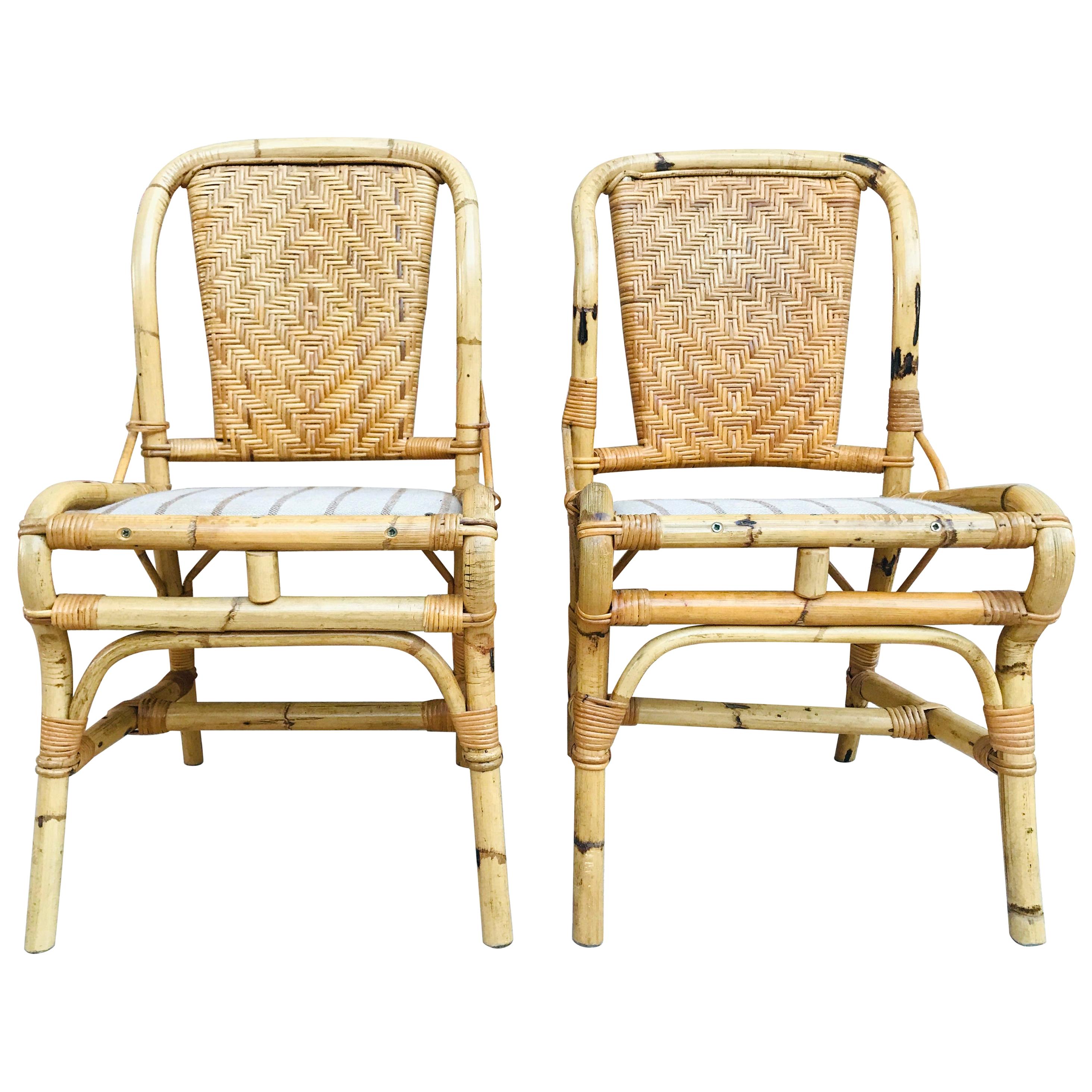 20th Spanish Midcentury Pair of Bamboo Chairs with Upholstered Seat For Sale