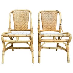 20th Spanish Midcentury Pair of Bamboo Chairs with Upholstered Seat