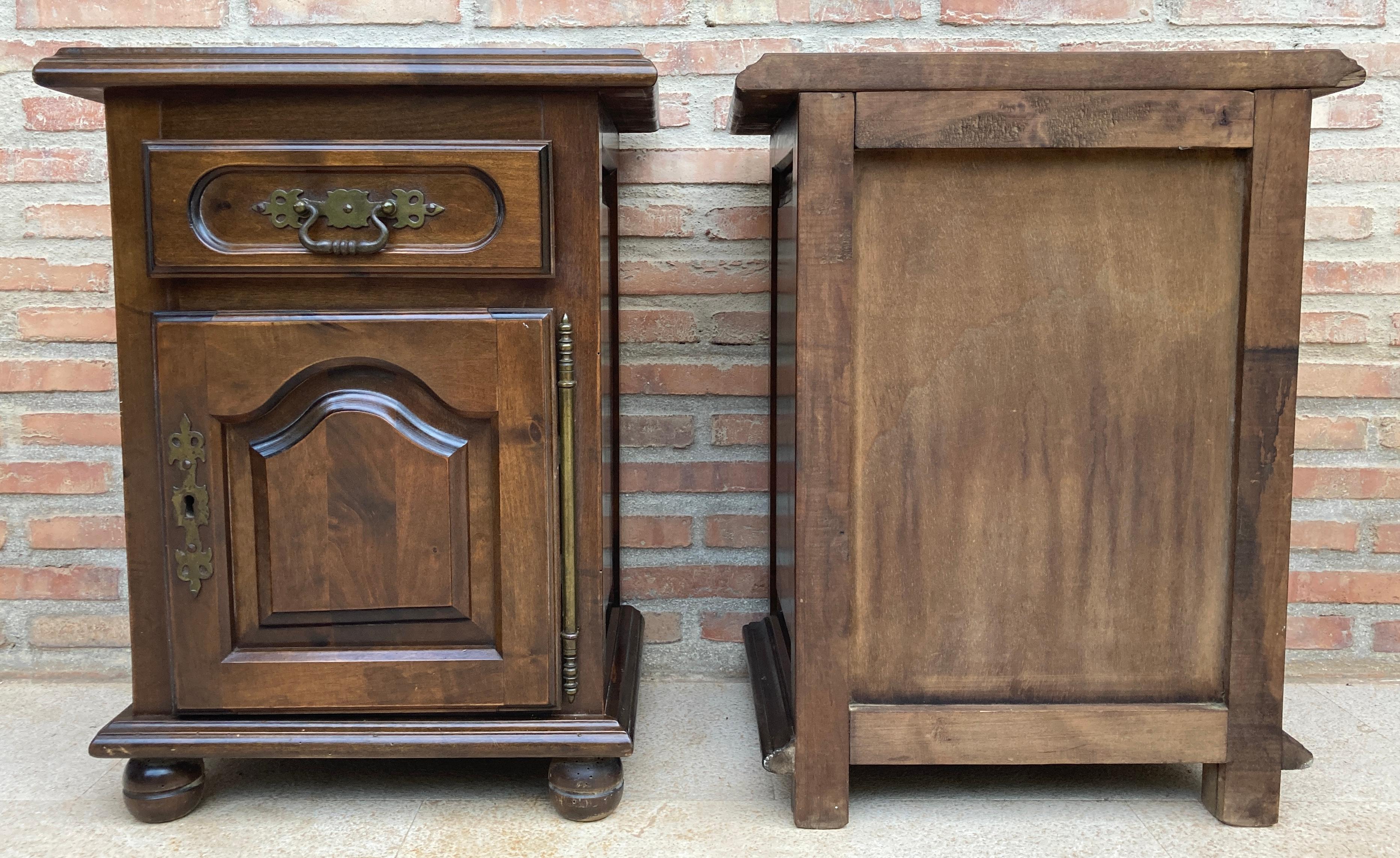 Walnut 20th Spanish Nightstands with Drawer & Bronze Details, 1920, Set of 2 For Sale