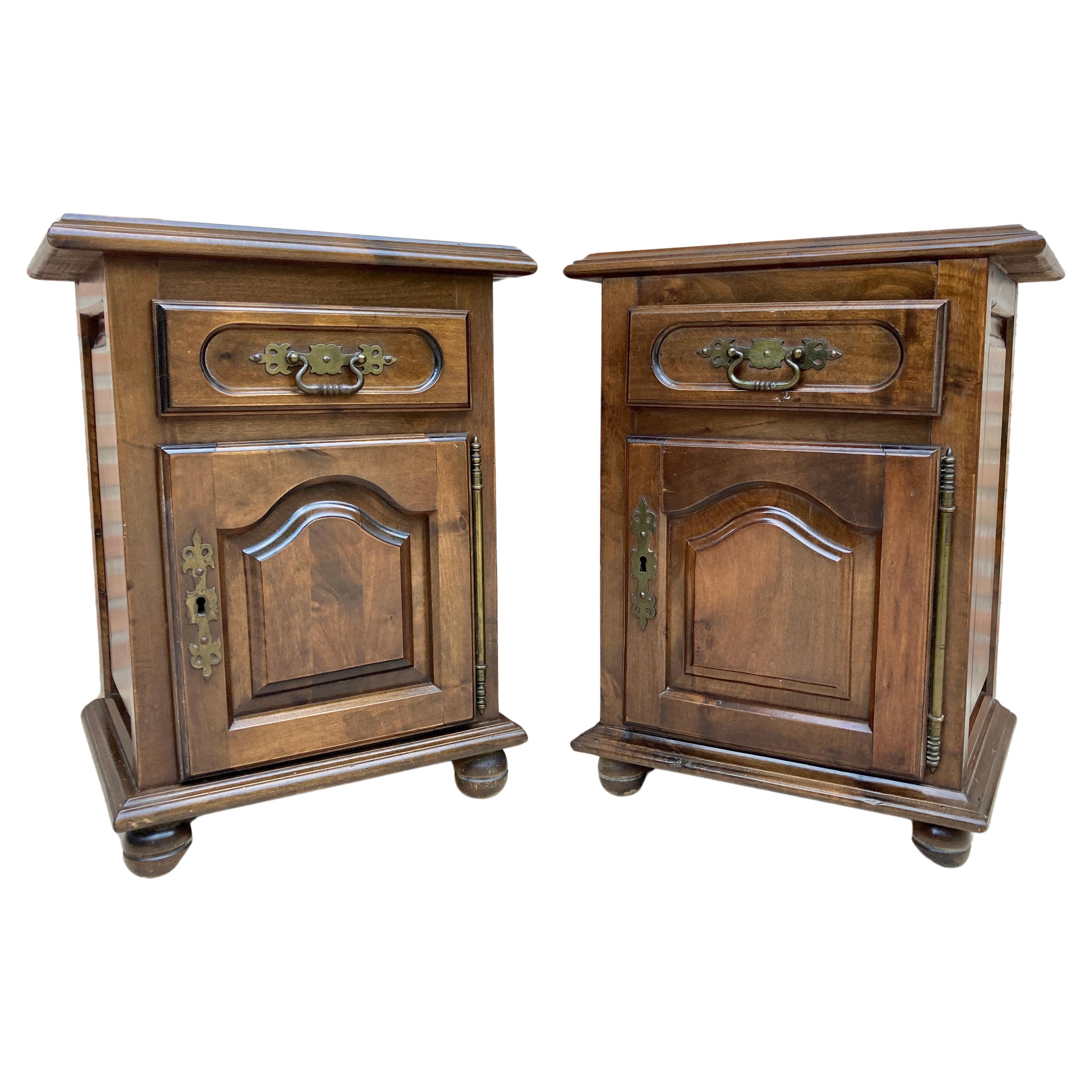 20th Spanish Nightstands with Drawer & Bronze Details, 1920, Set of 2