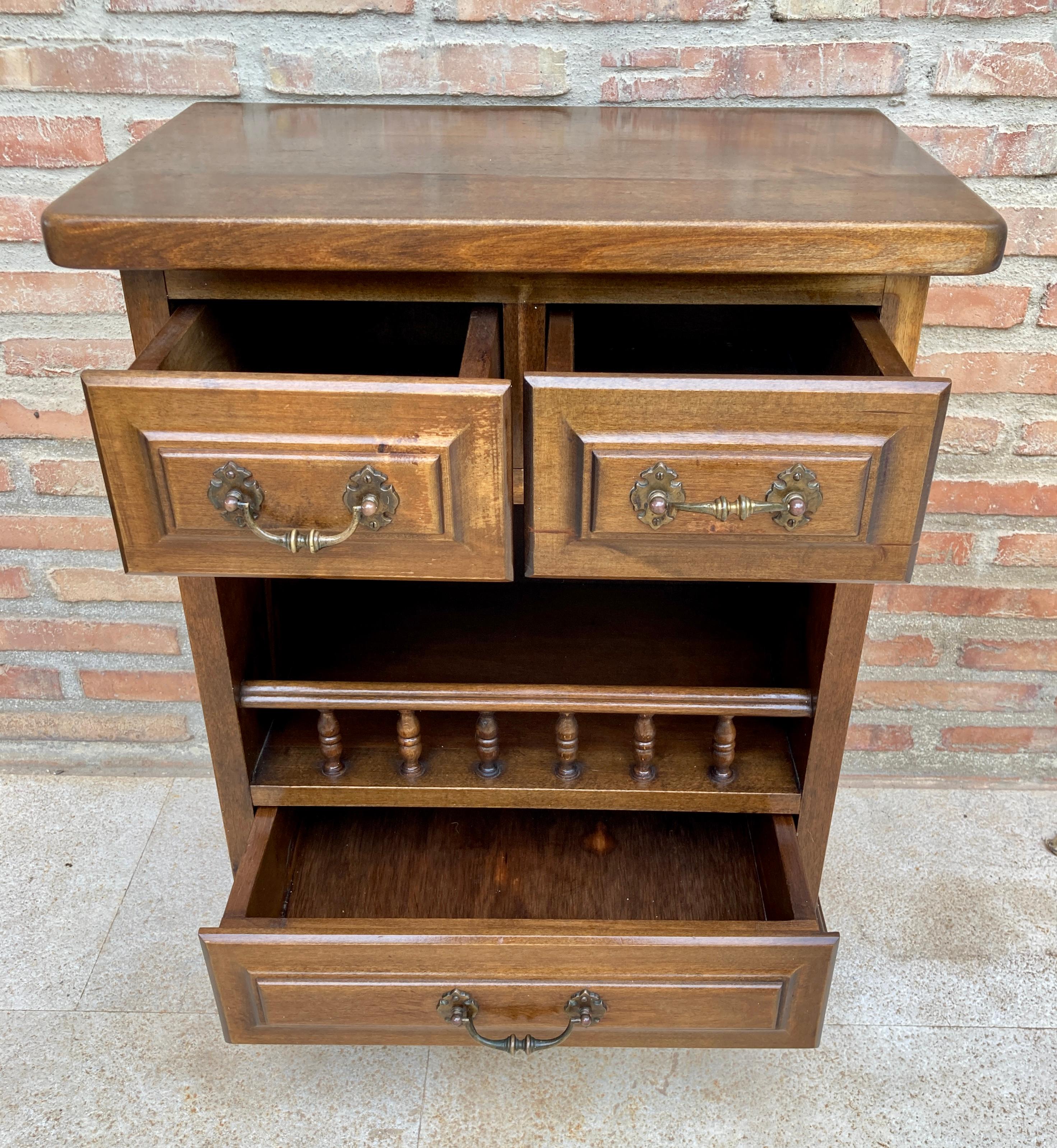 20th Century 20th Spanish Nightstands With Three Drawers One Shelf And Bronze Hardware 1970s, For Sale