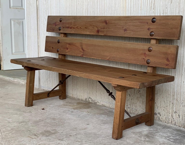 20th Spanish Park or Garden Bench with Wood Slabs and Iron Stretcher at